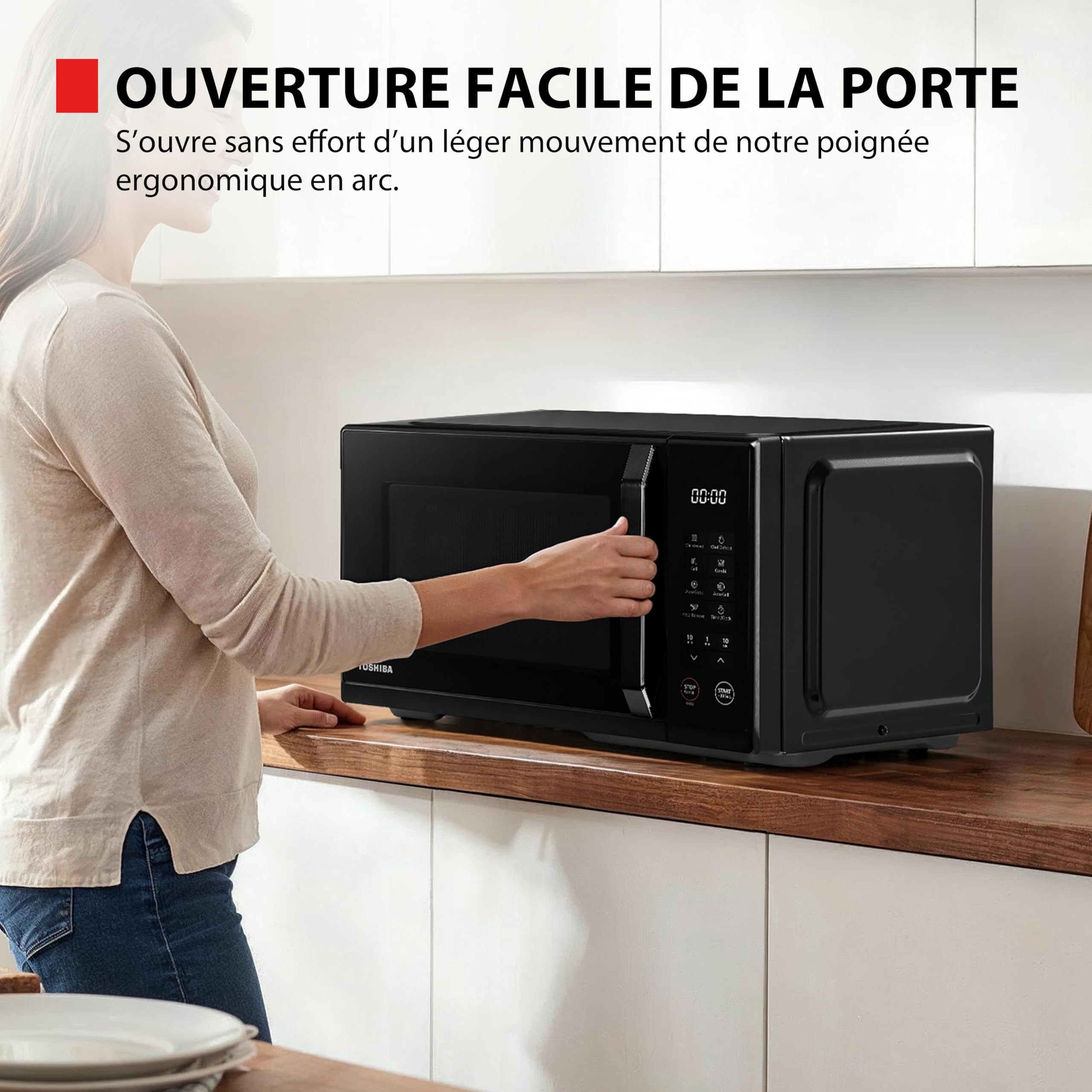 Toshiba Four micro-ondes Posable MW3-EG23PE(BK) avec grill, 23 L, 800 W, grill 1000 W,10 niveaux de puissance, fonction Chef Defrost, menu automatique, facile à nettoyer, noire