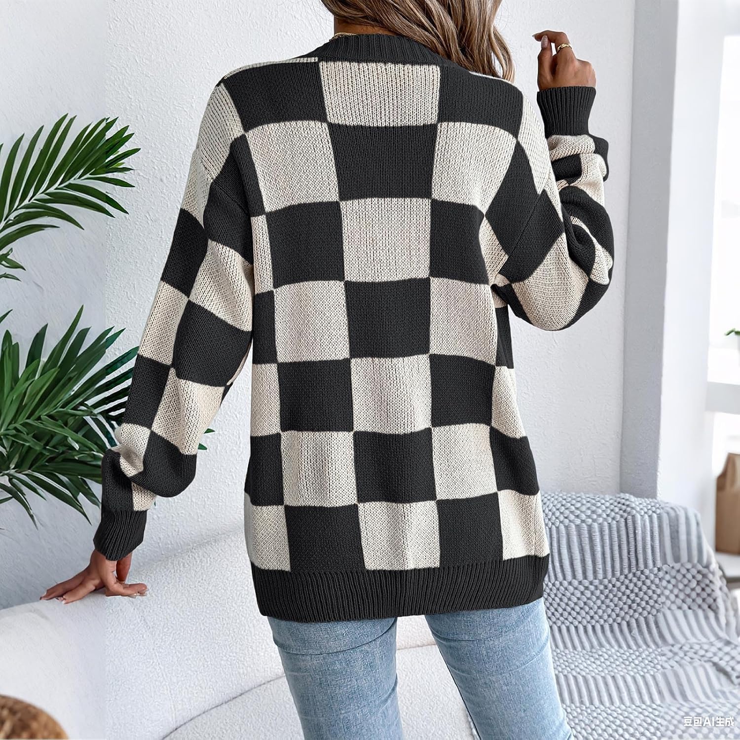 Sweater Cardigan Womens Fall Plaid Print Long Sleeve Jackets Loose Casual Open Front Sweater Cardigans with Tight Cuffs