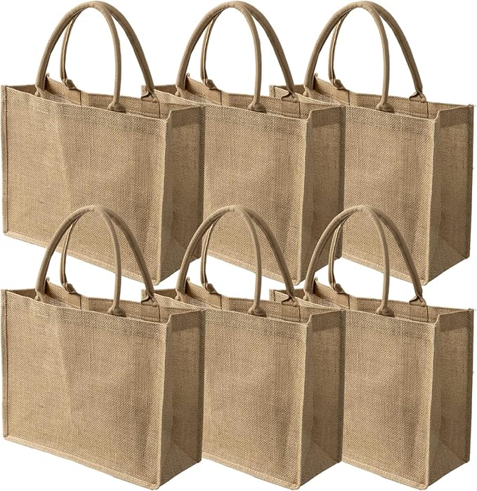 6 Pack Jute Tote Bags with Handles – 15.4"x12.2"x5.9" Burlap Gift Bags Bulk for Bridesmaids, Beach, Wedding, Bachelorette, Reusable Eco-Friendly Burlap Totes for DIY & Customization
