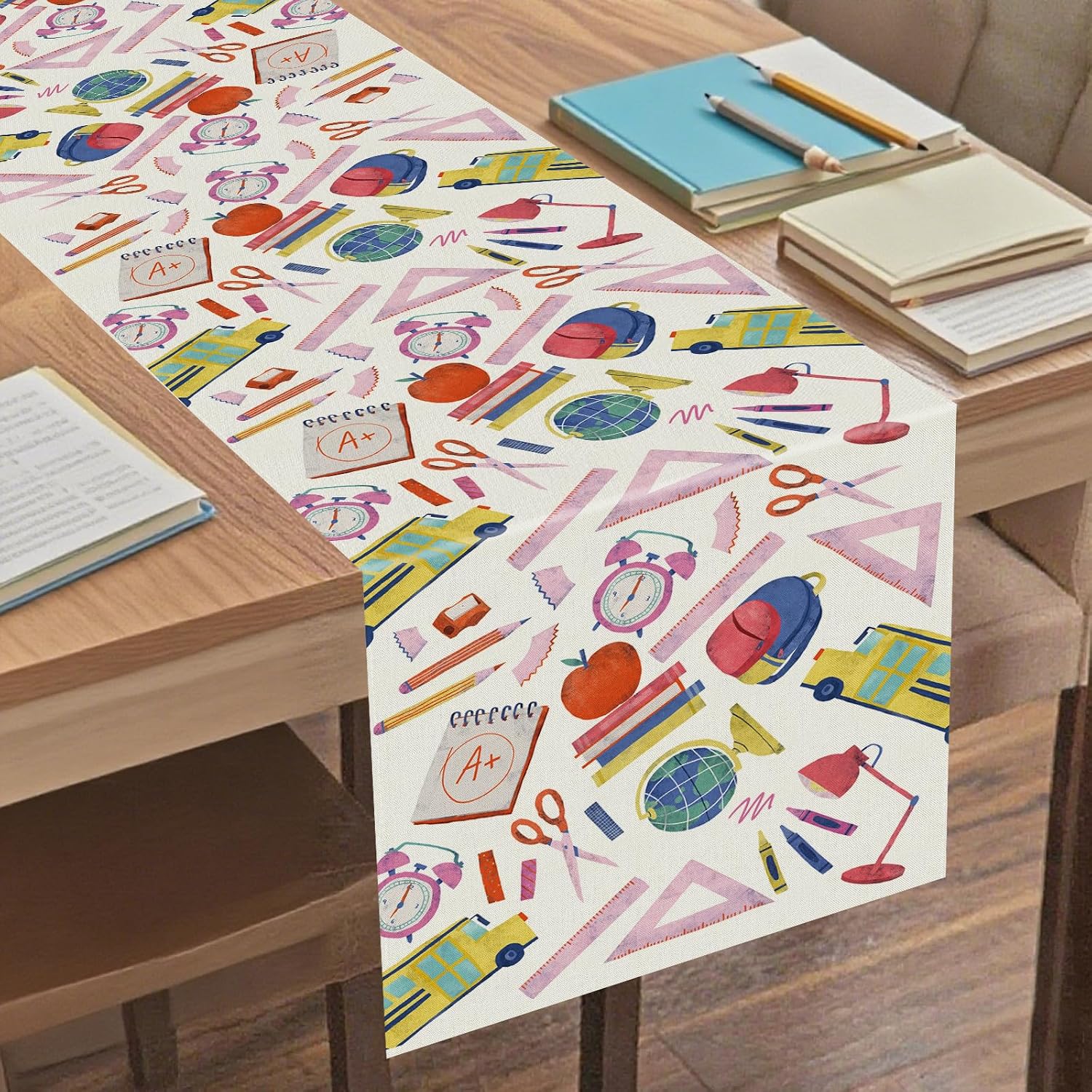 Welcome Back to School Table Runner Books Pencil Schoolbag Table Runners Students First Day of School Classroom Kitchen Dining Table Decoration for Home Party Banquet Decor 13x72 Inch image 5