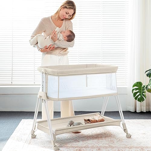 Miniatura 7 de Moisés de noche para bebé, cuna de malla de 4 lados con ruedas y bandeja de almacenamiento, cuna de noche ajustable de 7 alturas para recién