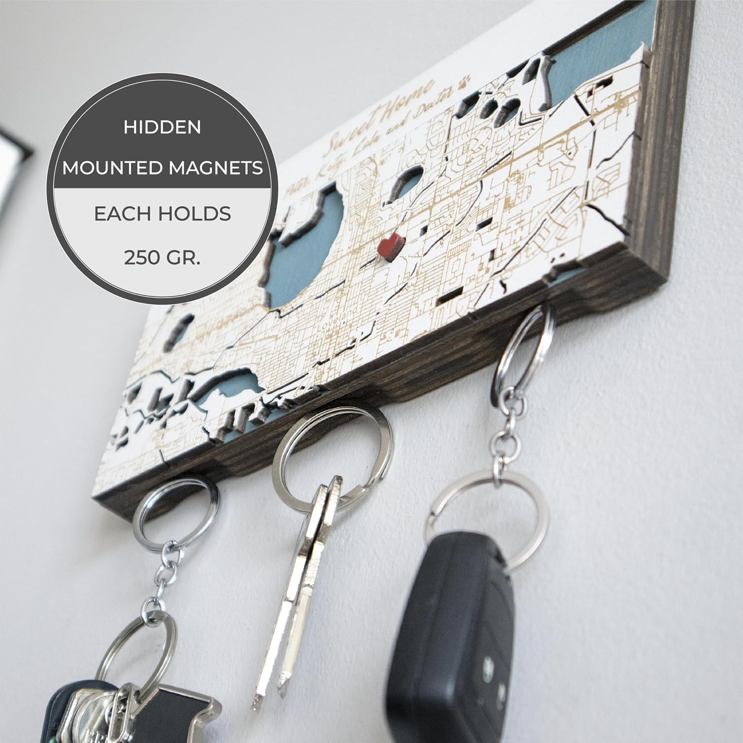 Wooden 3D Map Key Holder for Wall, Custom Location or City Map Art Key Organizer, Entryway Key Rack, Personalized Housewarming Gift for Couple, Wood Decor, New Home Gift (Magnetic)