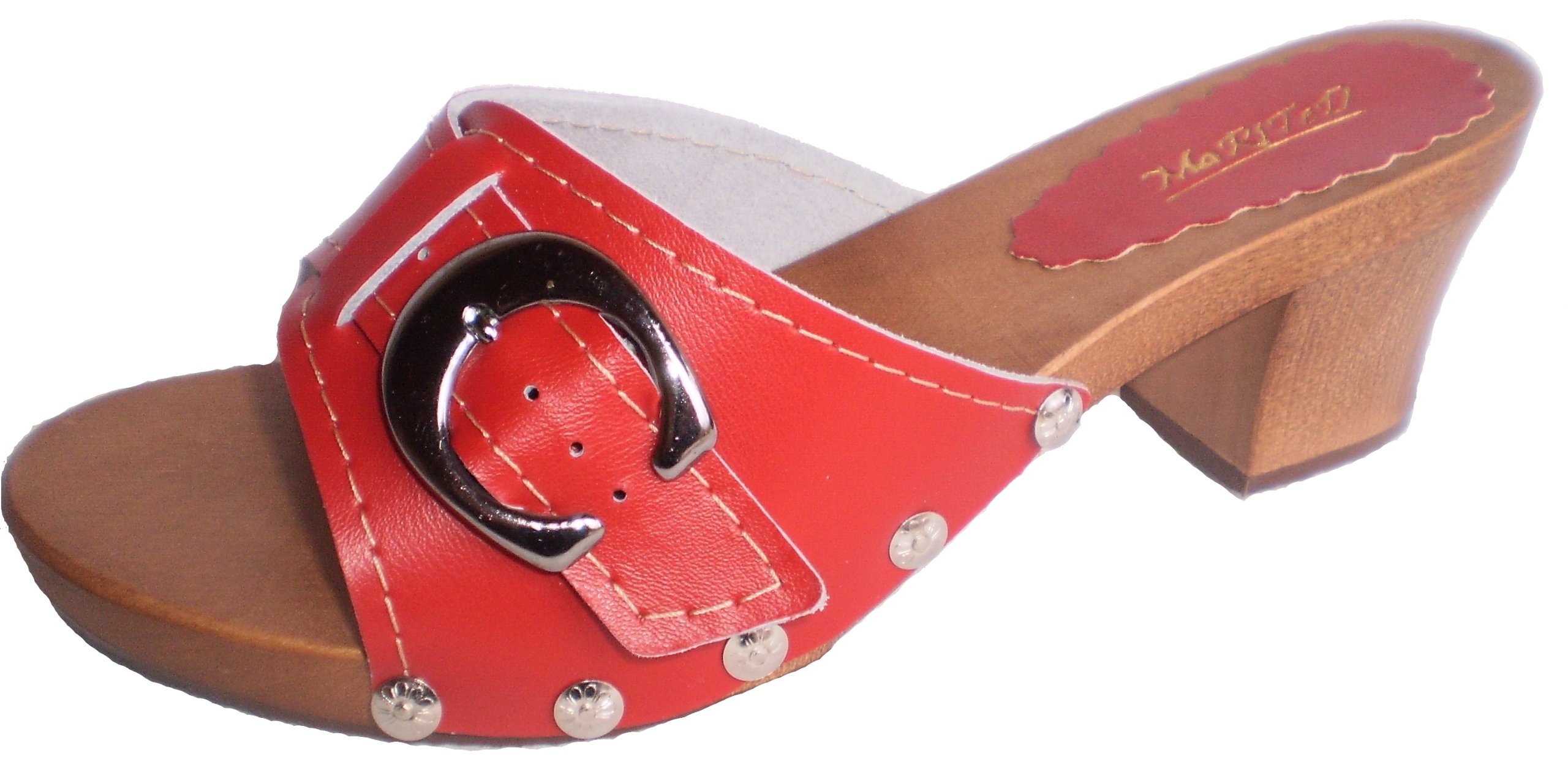 MARITED' Red Ladies Clogs Sandals Natural Leather and Wooden Sole and Heel
