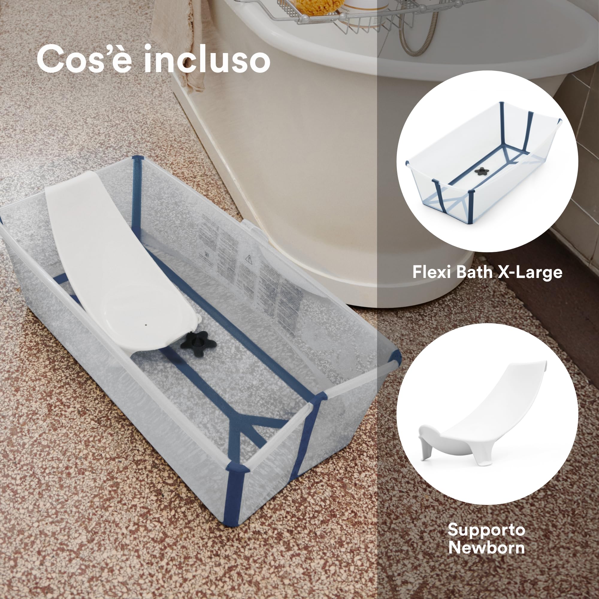 Stokke Flexi Bath XL (blu trasparente) con supporto neonato, durevole e facile da riporre, ideale per bambini da 0 a 6 anni Prima infanzia