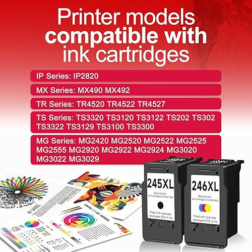 Vista 2 de 245XL 246XL Paquete combinado de repuesto compatible para Canon Ink 245 y 246 PG 245 XL CL 246 XL PG245 CL246 para PIXMA TR4520 MX490 MG2522 MX492
