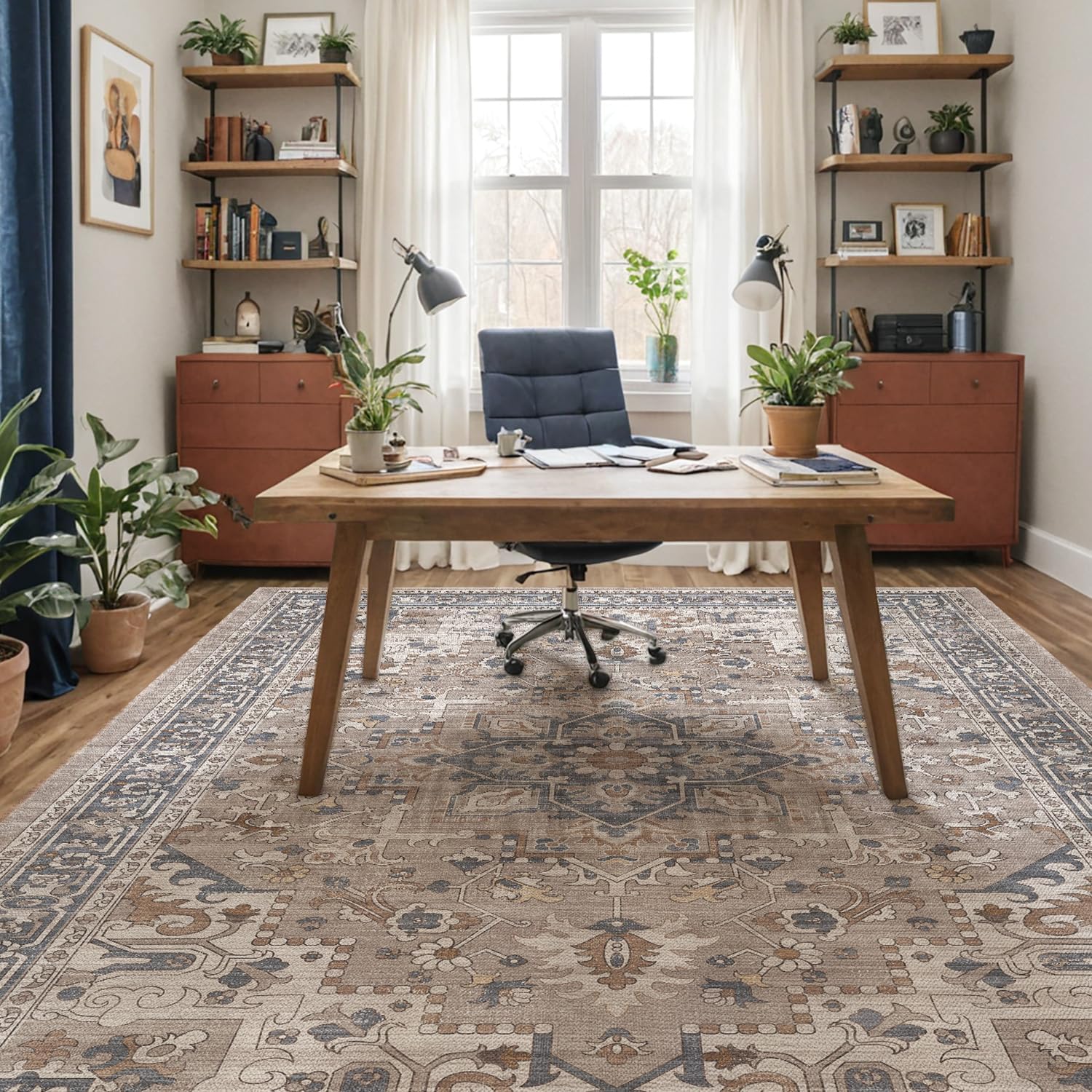 DEXI Area Rugs for Living Room, Washable Low Pile Vintage Traditional Rug for Bedroom, Non Slip Indoor Carpet for Dining Office Nursery, 5x8, Beige Blue - Image 4