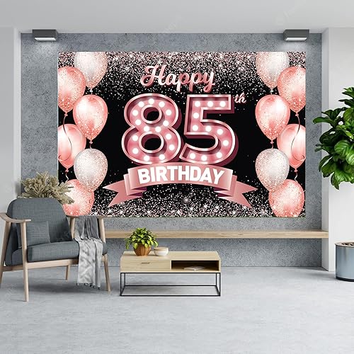 Miniatura 3 de Cartel de feliz cumpleaños 85 de oro rosa con texto en inglés "Cheers to 85 years old confeti globos", decoraciones temáticas para mujeres de 85