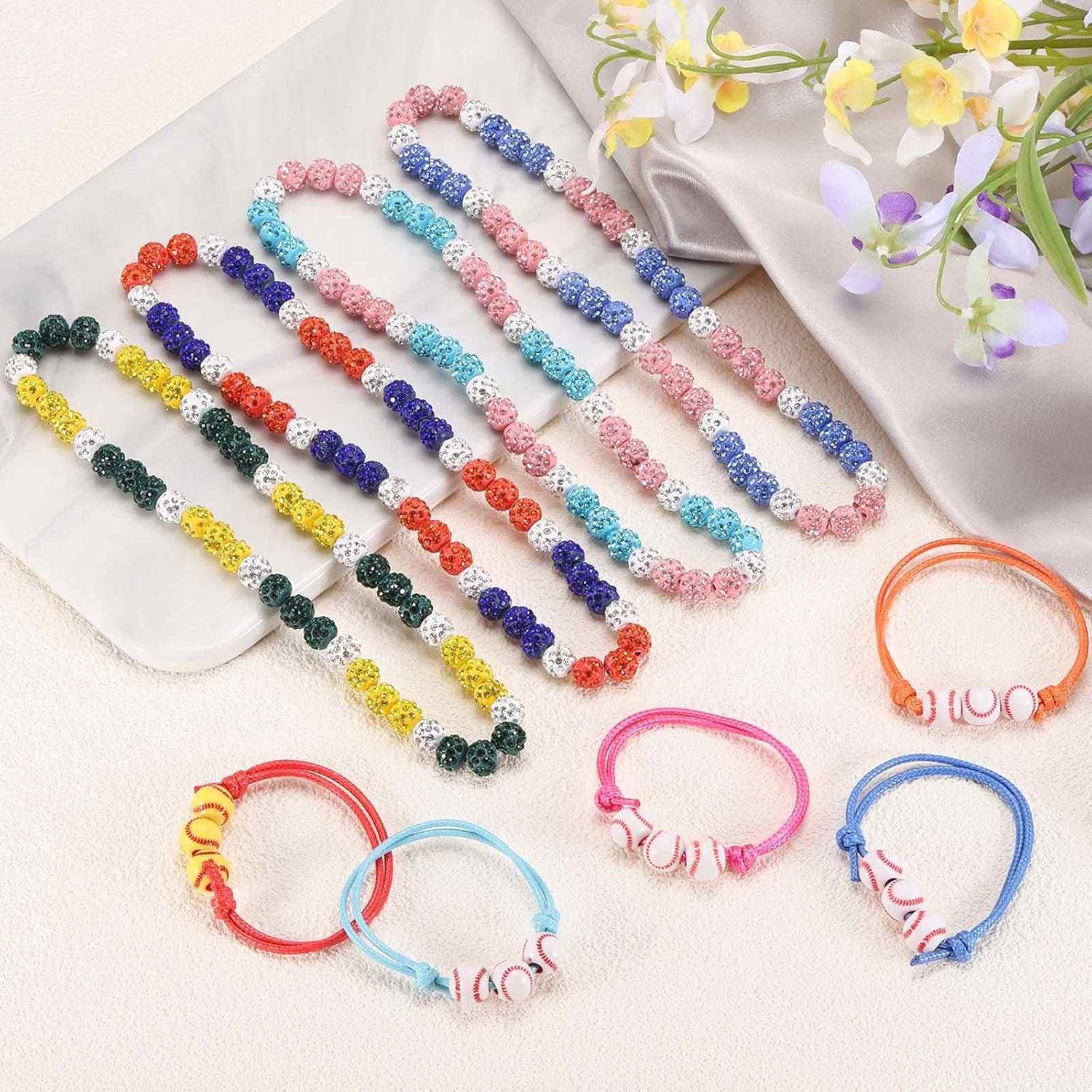 MECCANIXITY Baseball Necklace, Bling Rhinestone Beaded Baseball Necklace with 2 Adjustable Wax Cord Bracelet for Men Women Players - Image 3