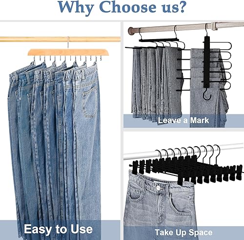 Miniatura 7 de Ganchos para jeans para armario, 14 ganchos de madera para jeans que ahorran espacio, ganchos giratorios de 180 para jeans, faldas, pantalones