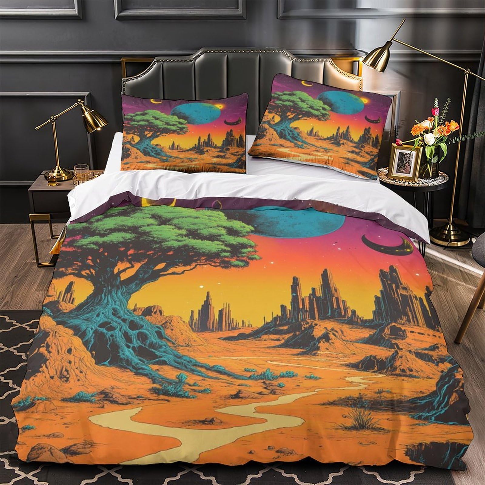 Housse de Couette Paysage Cosmique 3D Double 200x200cm avec 2 Taies d'Oreiller en Microfibre