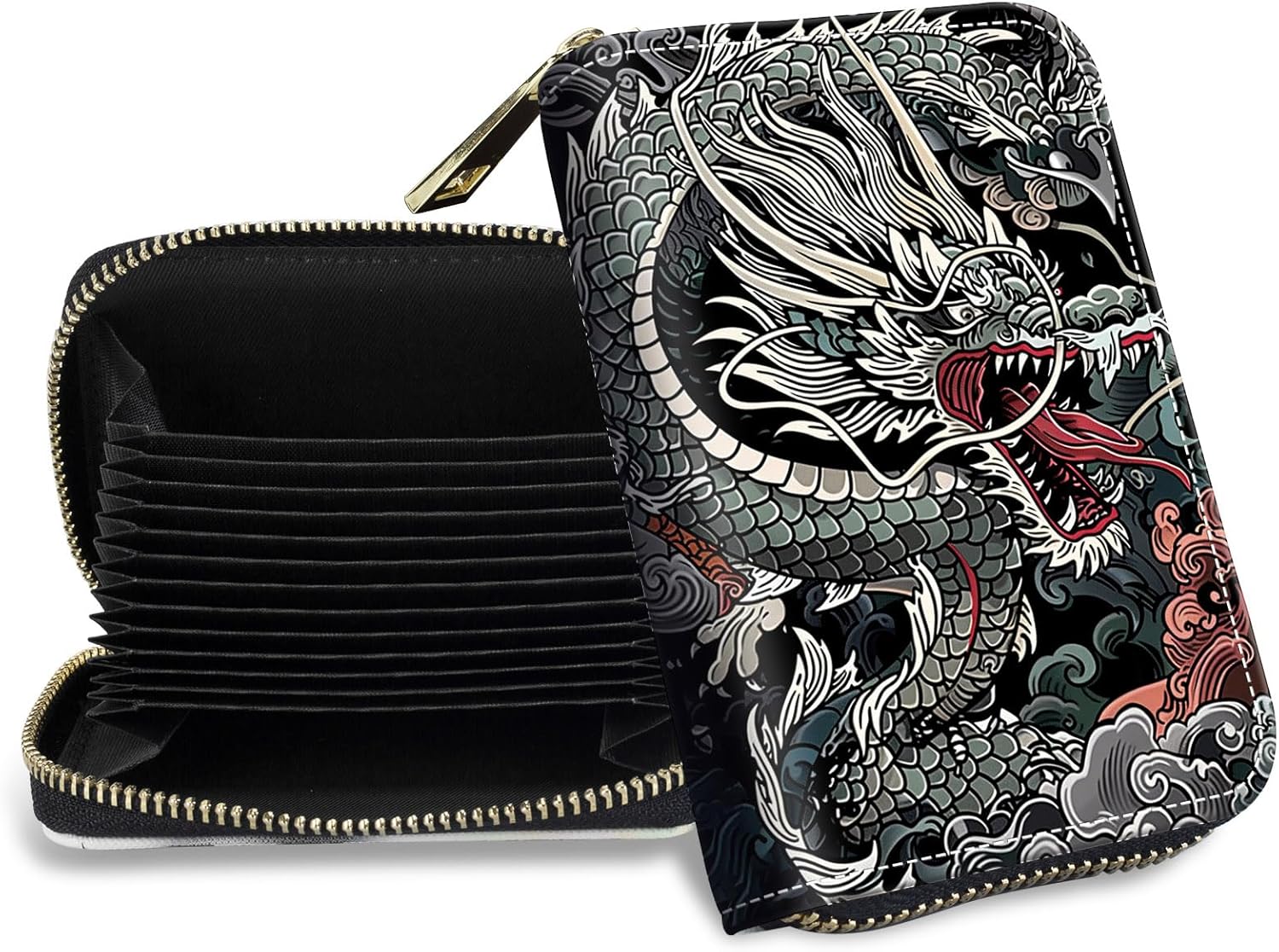 Credit Card Holder with Zipper, Slim RFID Blocking Card Wallet for Women Men Chinese Dragons Design PU Leather Small Accordion Card Case Wallet, ID Card Organizer, Pocket Business Card Case