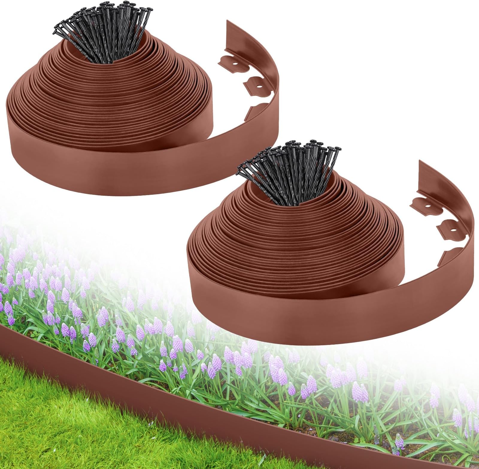 3-Inch x 100 FT Landscape Edging Border Kit with 150 Stakes, Plastic Garden Edging Border, Flexible No Dig Lawn Edging Border for Garden Flower Beds Yard Pathway Paver (Brown)