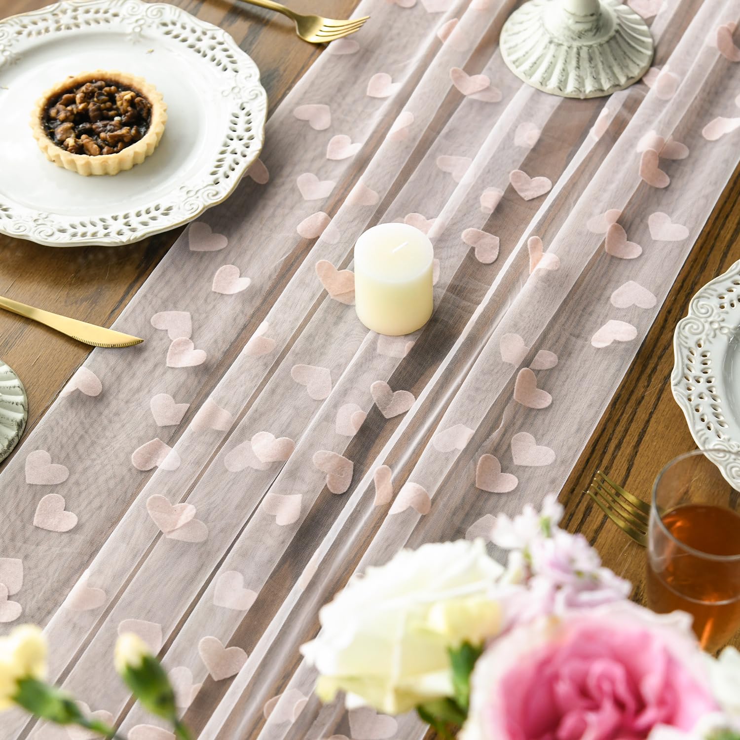 Artoid Mode Chemin de table en tulle rose avec perles - 70 x 300 cm - Décoration de table de cuisine en intérieur, vacances, mariage, anniversaire, fête