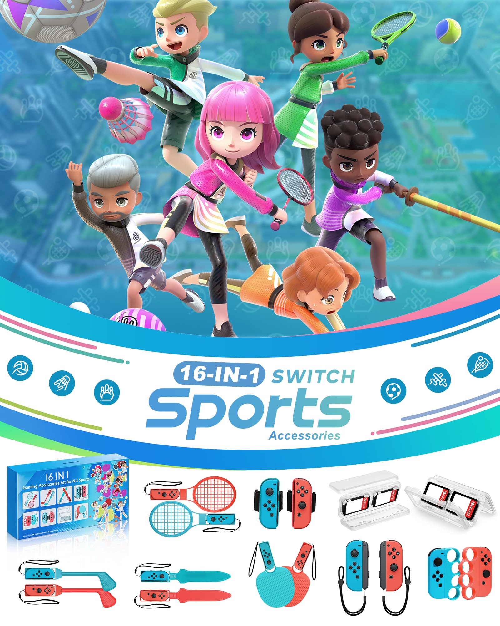16in1 Switch Sport Zubehör für Nintendo Spiele: Familie Switch Spiele Zubehör Bundle Set Kit für Nintendo Switch/OLED Sportspiele