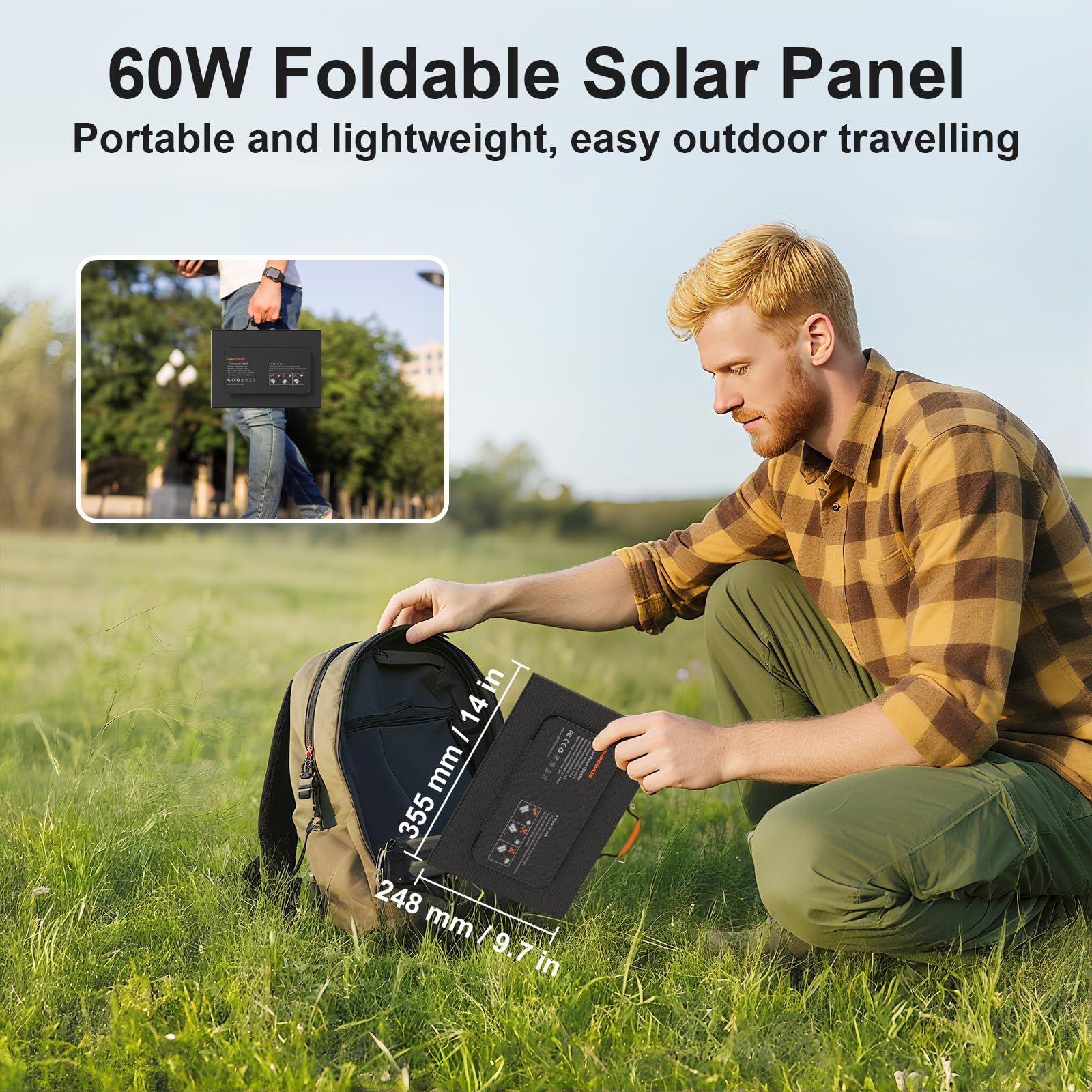 Panel solar portátil de 60 W, plegable, cargador de paneles solares con USB C