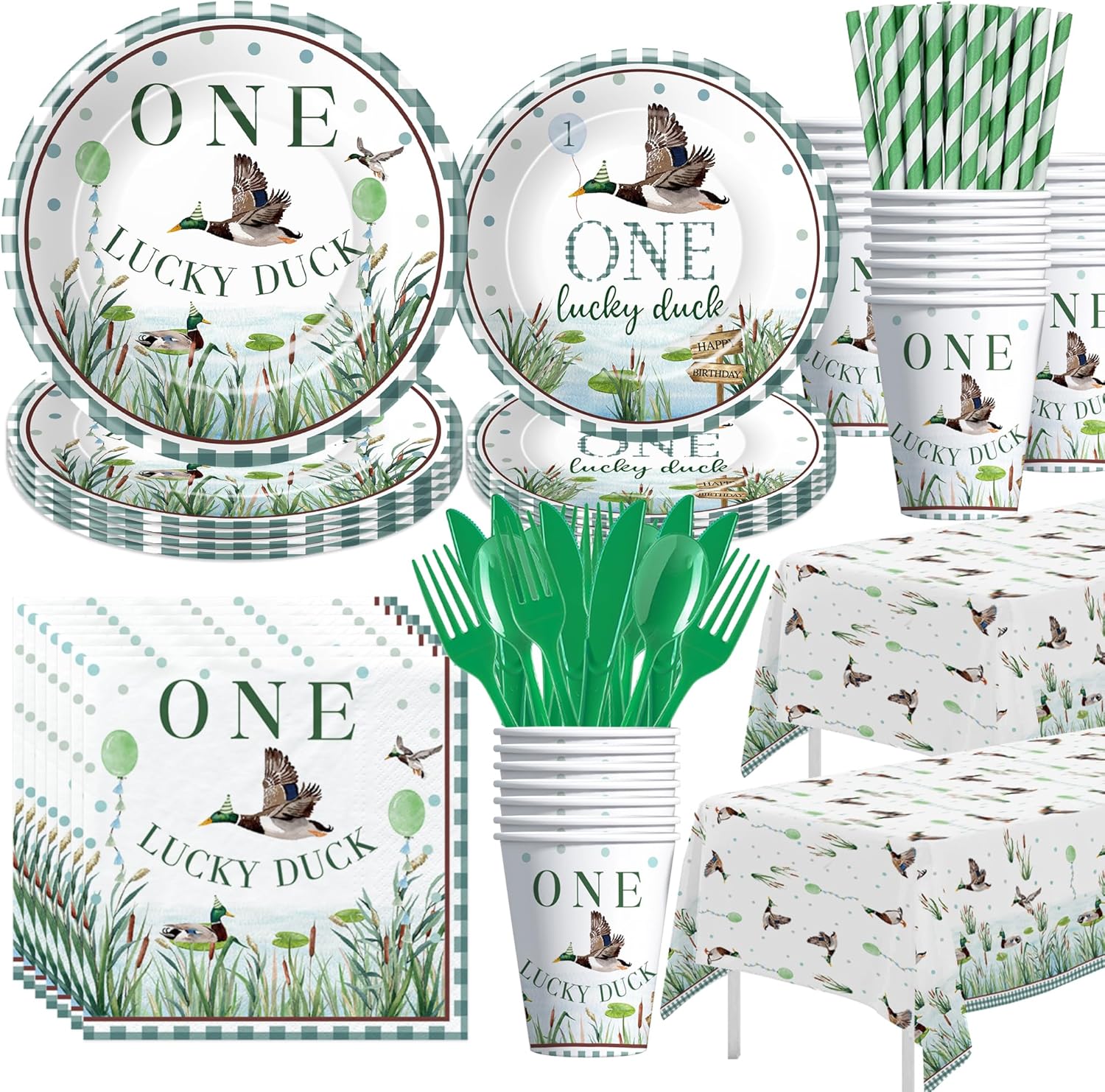 One Lucky Duck Birthday Decorations Tableware, Mallard Duck Hunting First Birthday Party Supplies, Plate, Cup, Napkin, Tablecloth, Cutlery, 24 Guests