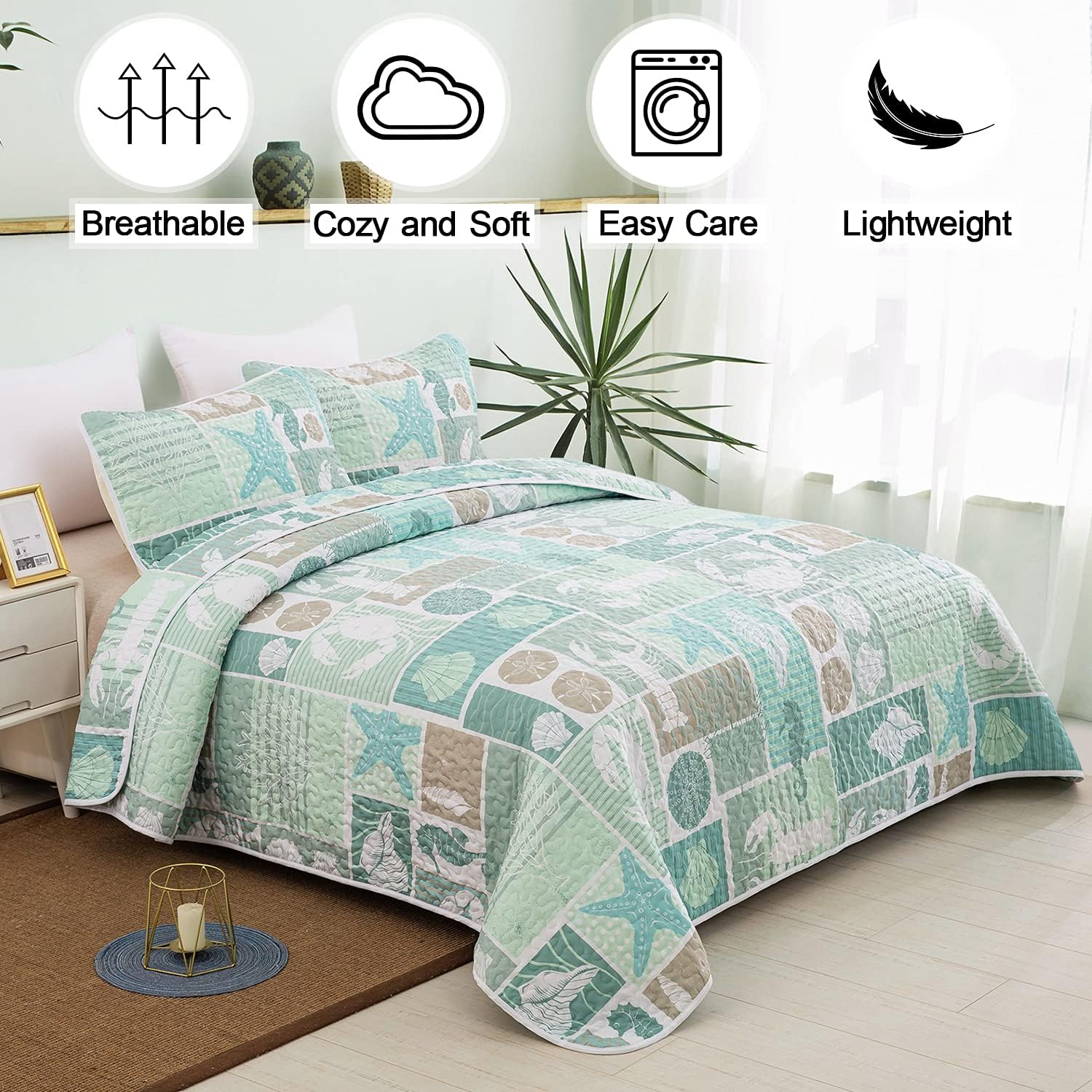 DJY 3 Pieces Quilt Set King Coastal Green Theme Quilt Coverlet Set Beach Reversible Bedspread with 2 Pillow Shams Soft Microfiber Coastal Bedding Quilt Set for All Season 104"x90" - Image 2