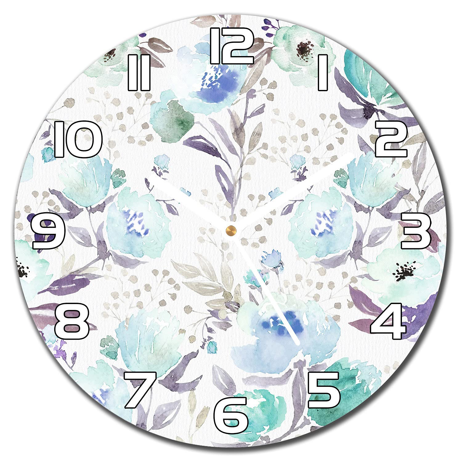 Horloge en verre lisible à aiguilles blanches pour salon et cuisine motif floral