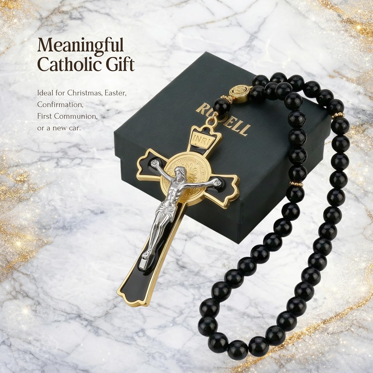 Catholic Car Rosary for Rearview Mirror, Black 40-Bead Rosary with Saint Benedict Cross, Cross for Car Mirror Hanging, Prayer Rosary for Car, Christian Gift for Catholics