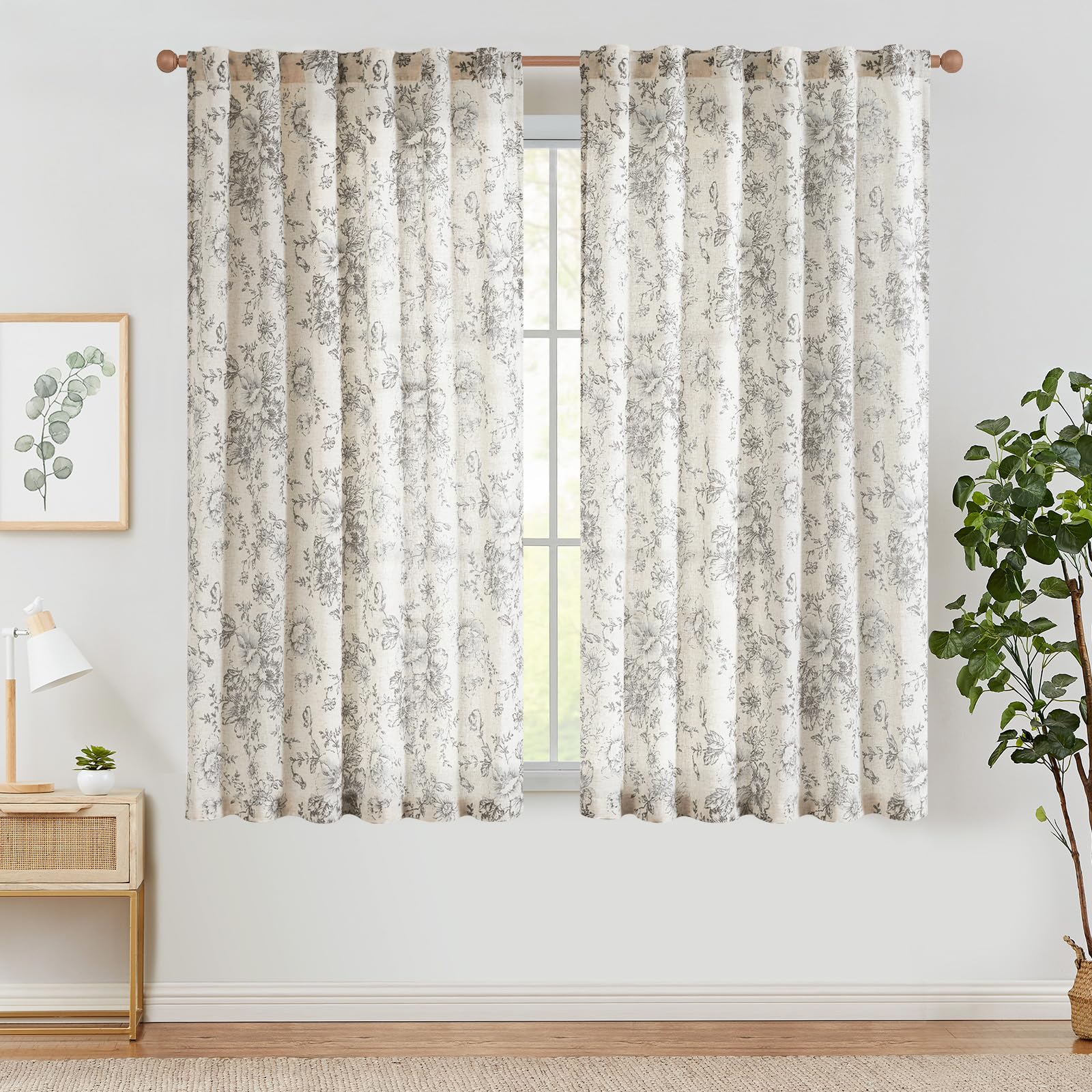 Rideaux salon botanique gris anti vis-a-vis pour fenetre et porte
