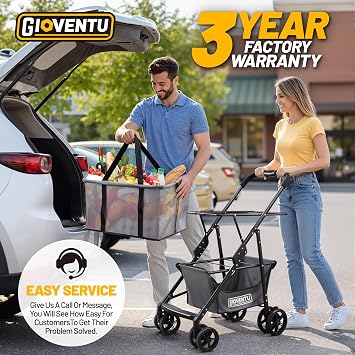 2026 Upgraded Folding Shopping Cart with Wheels, 80lbs Multi Use Grocery Carts with 360 Wheels & Removable Tote Bag, Multifunctional Portable Personal Shopping Carts for Groceries, Black