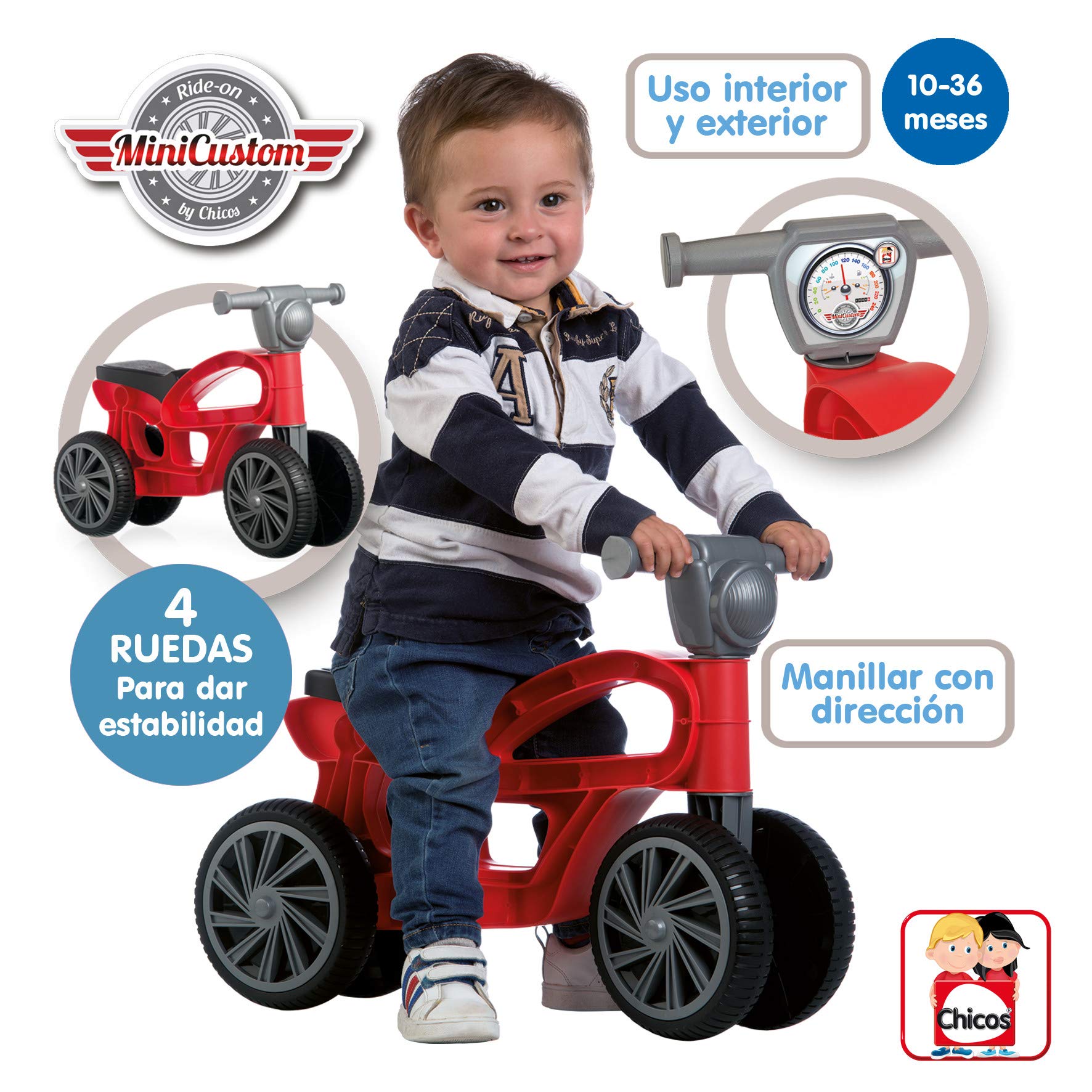 Chicos - Moto Correpasillos Bebe 1 año | Mini Custom Rojo | Moto Infantil 4 Ruedas Estable y Ligera | Juguete Niño Niña a Partir de 10 Meses (36006)