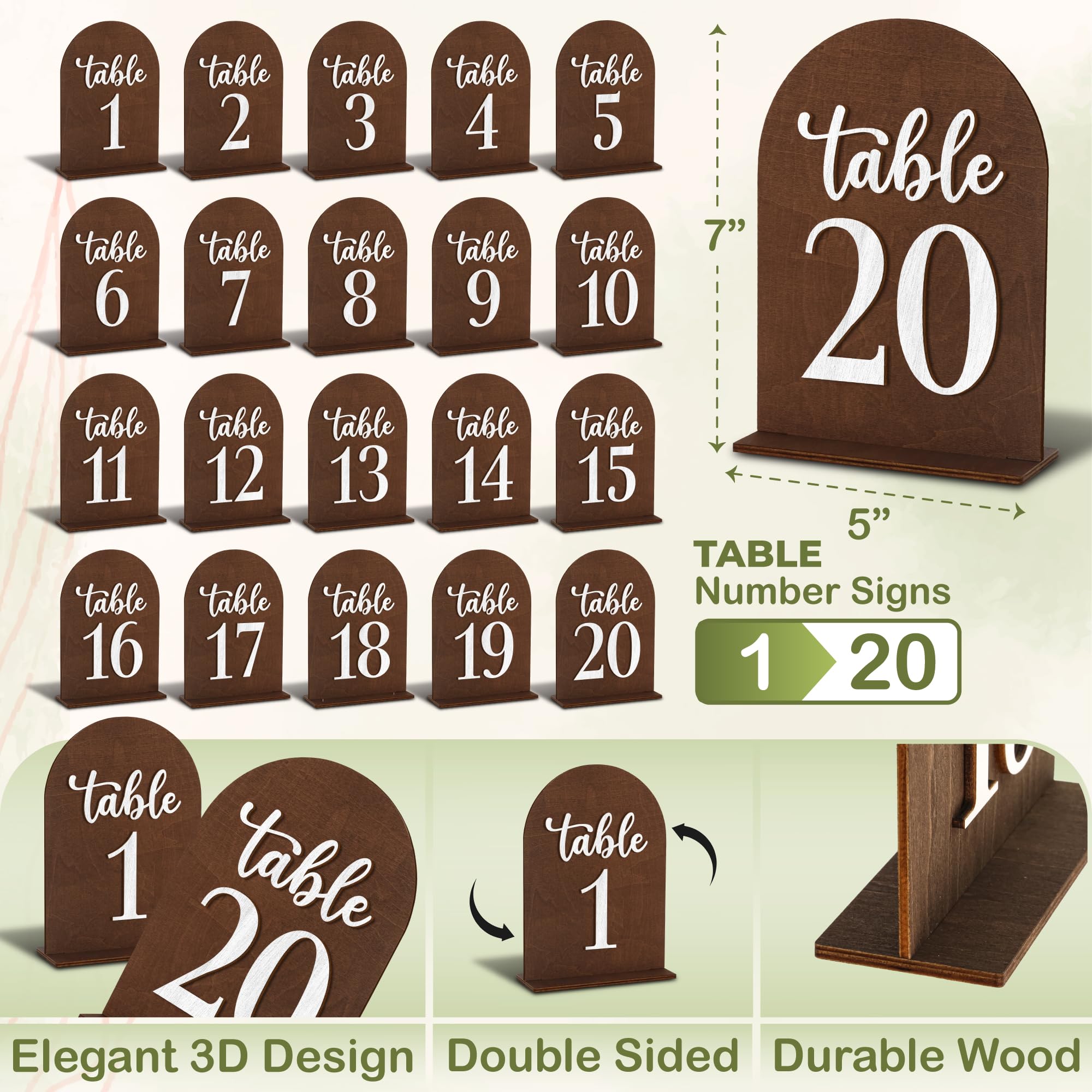 Woodamore Números de mesa de boda del 1 al 20, números de mesa de madera para recepción de boda del 1 al 20, letreros de números de mesa de restaurante con soportes de números de mesa, marcadores de