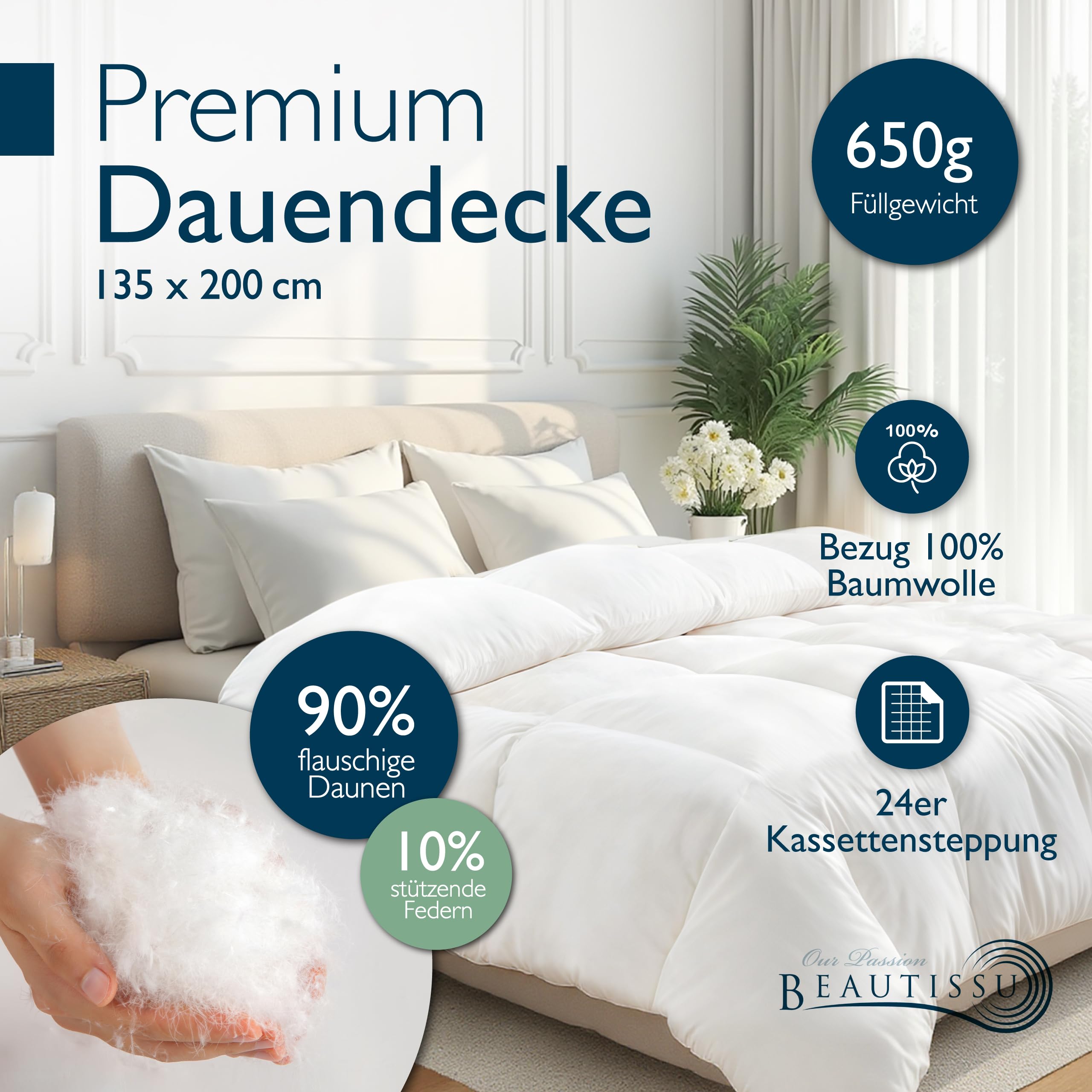Beautissu Daunendecke Winter Ganzjahresbettdecke 90% Daunen | 135x200 Downpass Nomite Baumwollbezug 4 Jahreszeiten Federbettdecke waschbar Bettdecke Winterbettdecke warm Premium