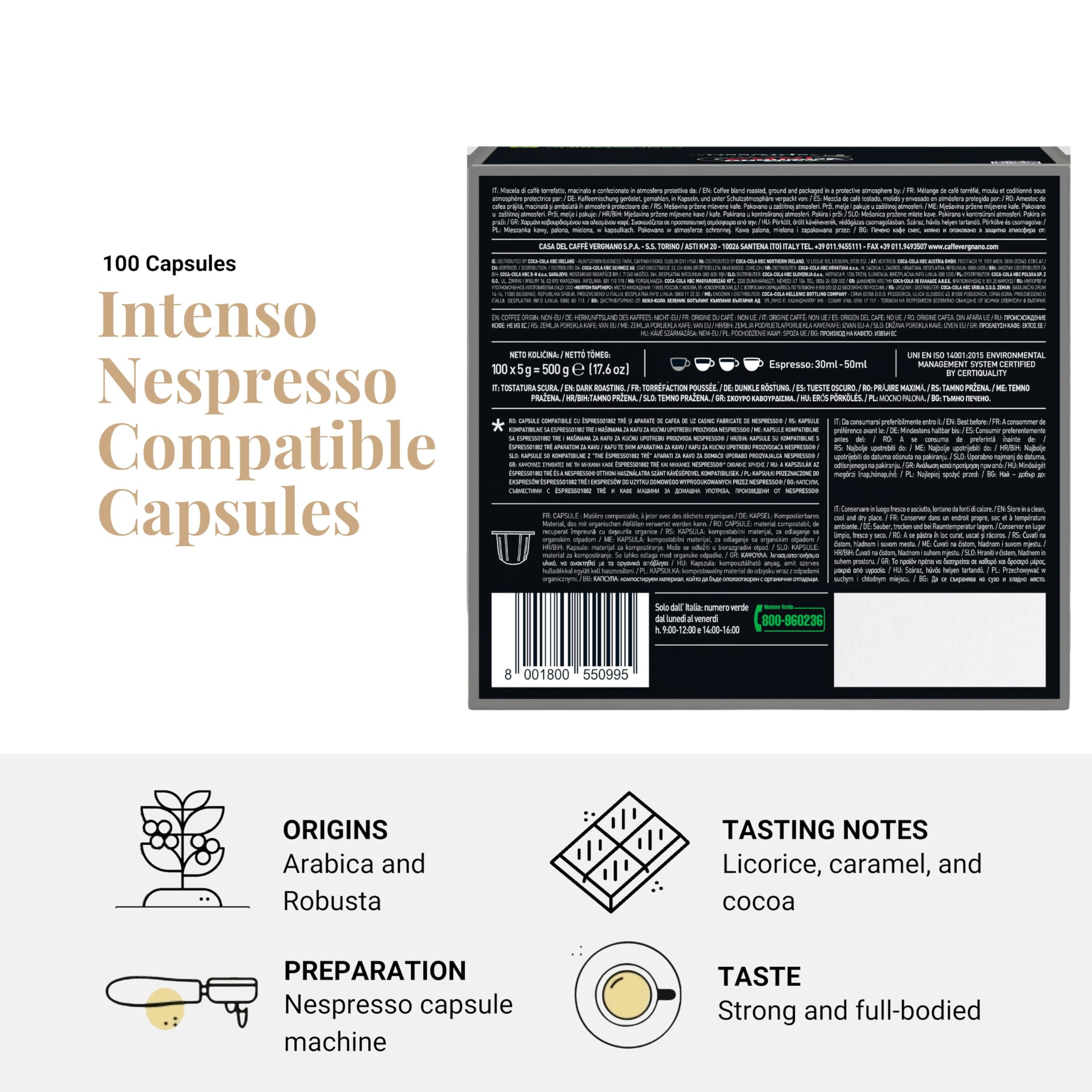 Caffè Vergnano 1882 Èspresso1882-100 kapsułek do kawy kompatybilne z Nespresso Intenso Opakowanie 100 kapsułek