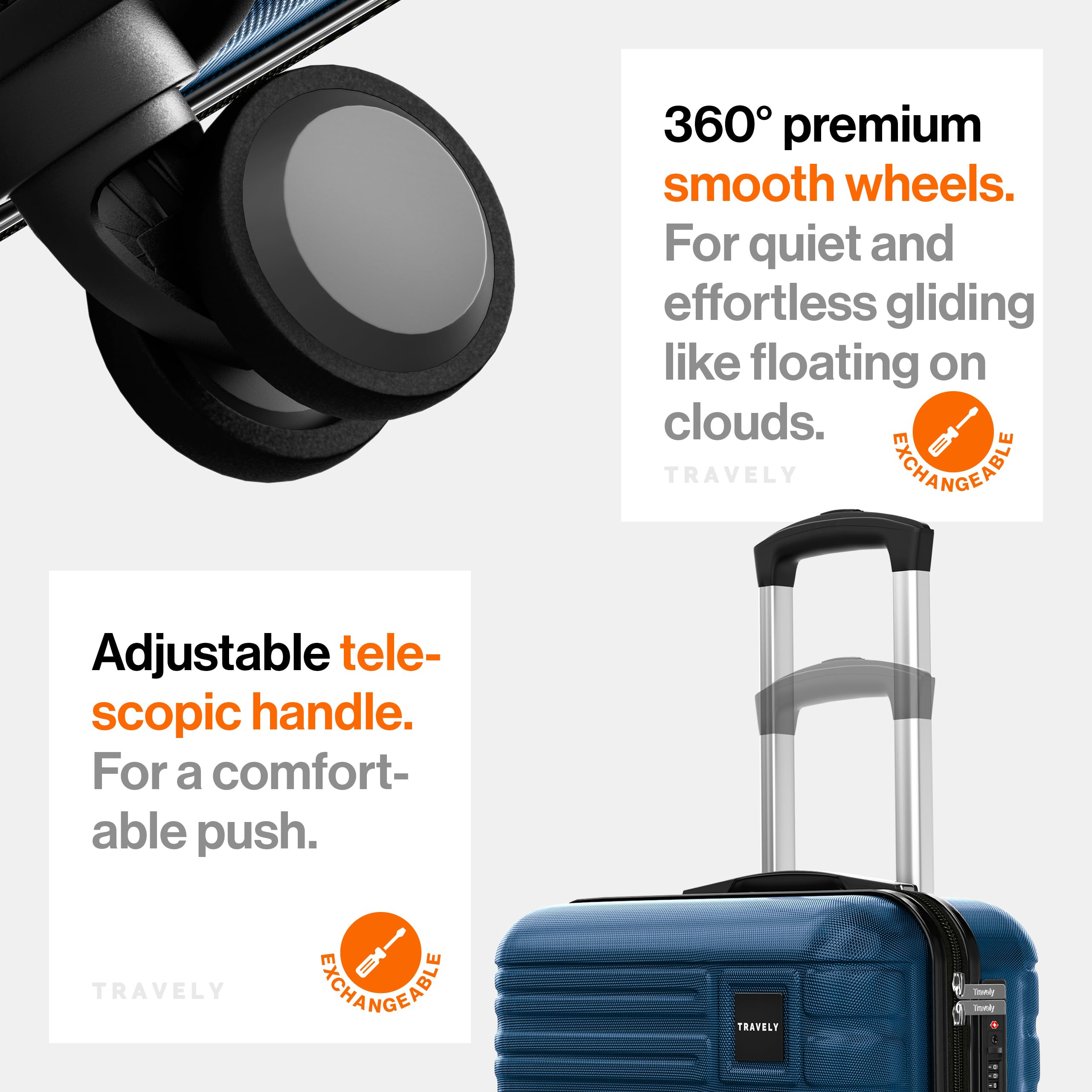 Walizka kabinowa premium Travely 56 × 45 × 25 cm – odpowiednia dla EasyJet, Jet2, British Airways i innych linii I Walizka kabinowa 36 l z plynnie toczacymi sie kólkami i praktycznym zamkiem TSA