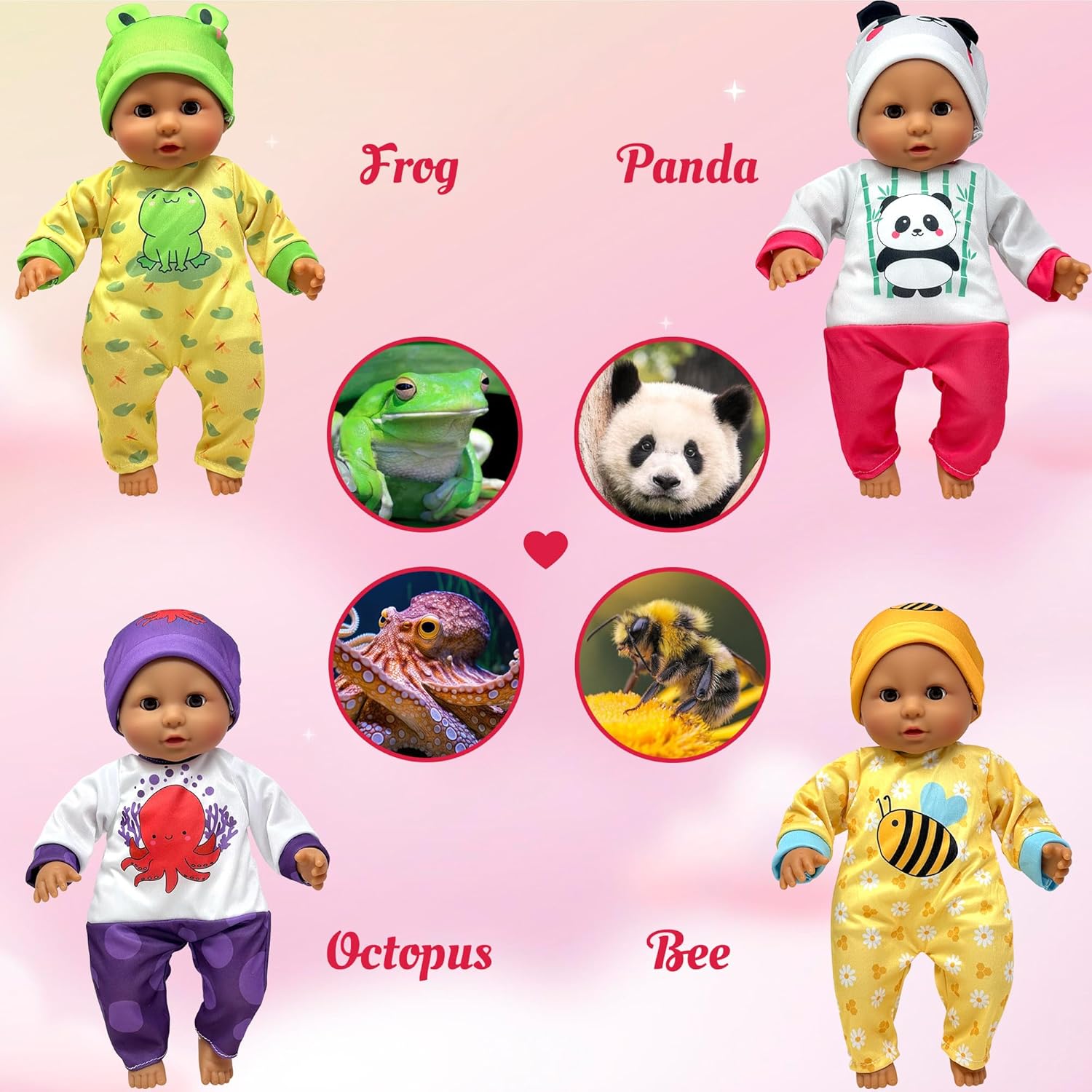 Soft Body Baby Doll with Accessories & 4 Sets of Animal Outfits, Realistic Baby Doll with Clothes & Toys, 14 Inch Baby Doll Play Set Wardrobe Closet, Baby Dolls for Girls, Gift for 3 4 5 Year Old