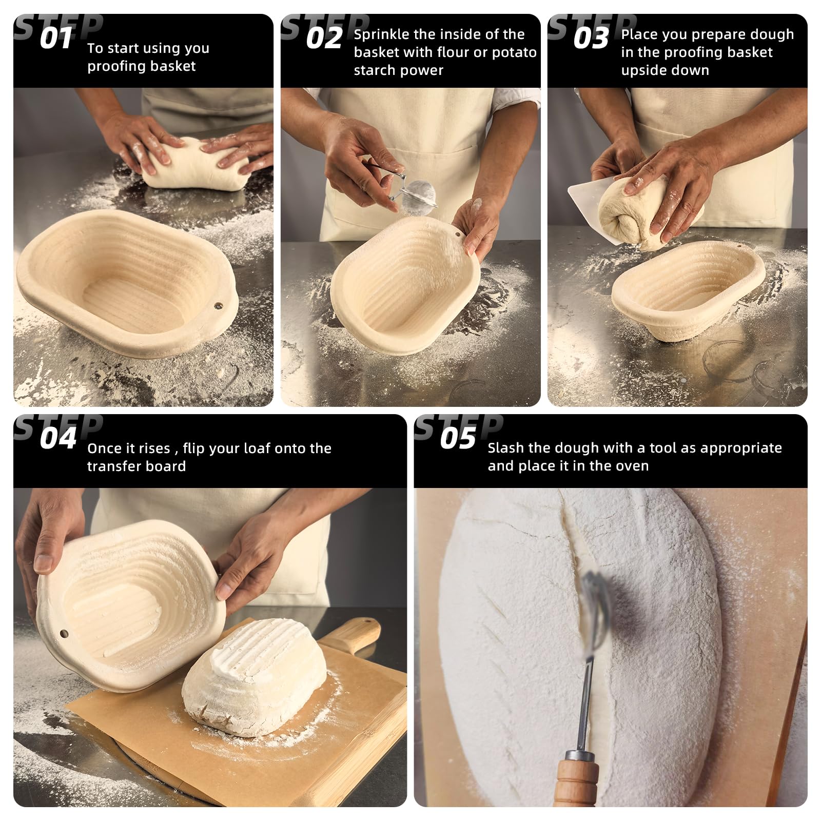 Cestino ovale per lievitazione del pane in polpa da 20,3 cm, cestino per lievitazione di lievito naturale, con fodera in lino, per pane artigianale professionale e fatto in casa