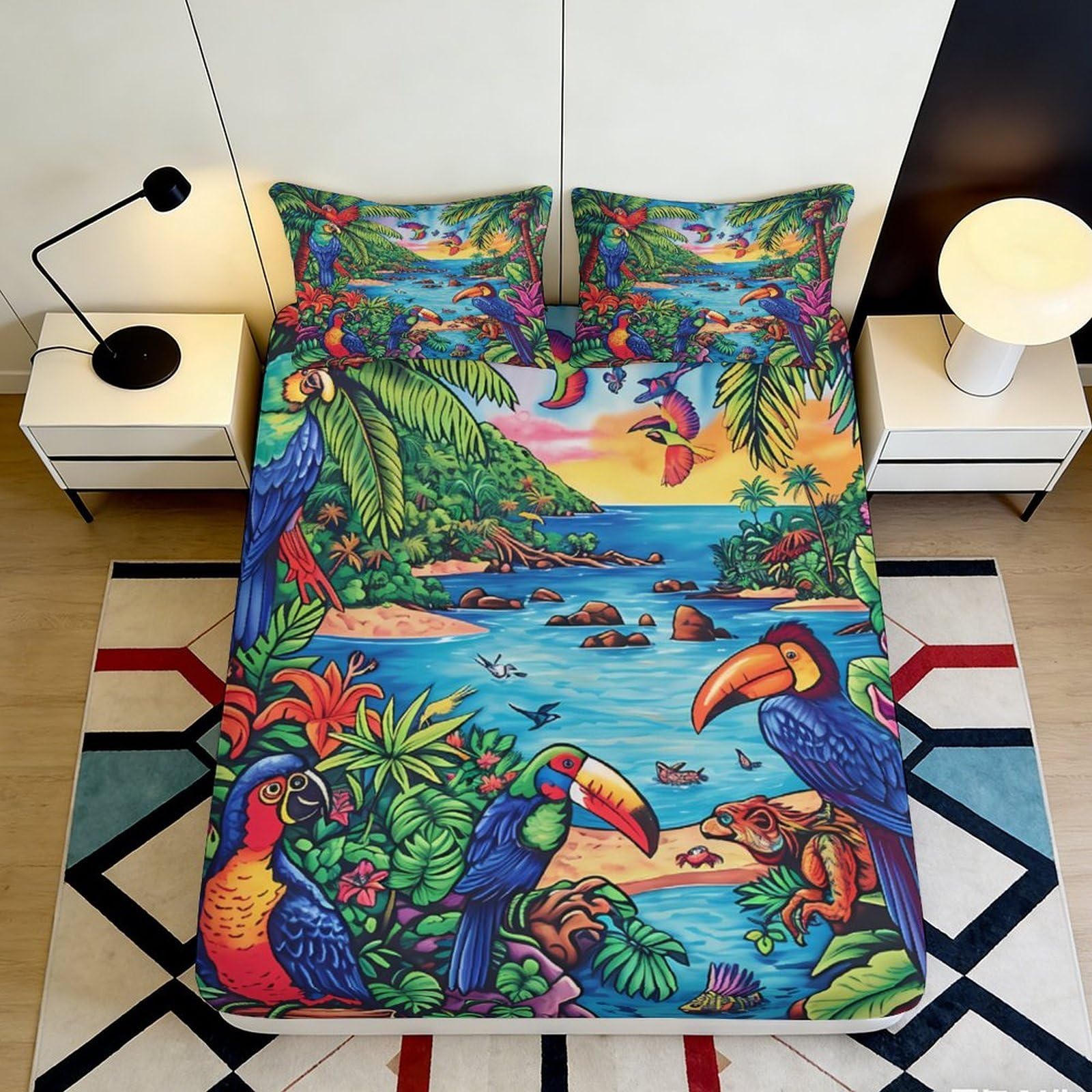 3D Printed Tropical Rainforest Fitted Sheet Microfiber Colorful Parrot Beach Mattress Cover for Bedroom Guest Room Décor 120x200cm 140x200x25cm