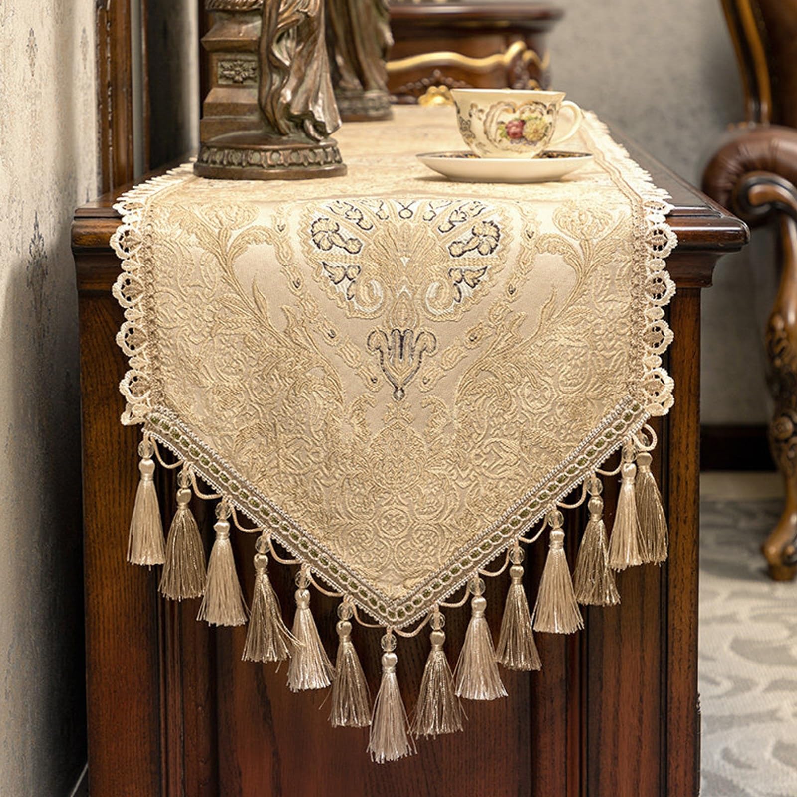 Luxe Jacquard Table Runner,Vintage Luxury Long Table Runner With Lace Trim and Tassels,for Dining,Dresser,Coffee Table,Elegant Retro Home Deco(Yellow,280cm/110.2in)