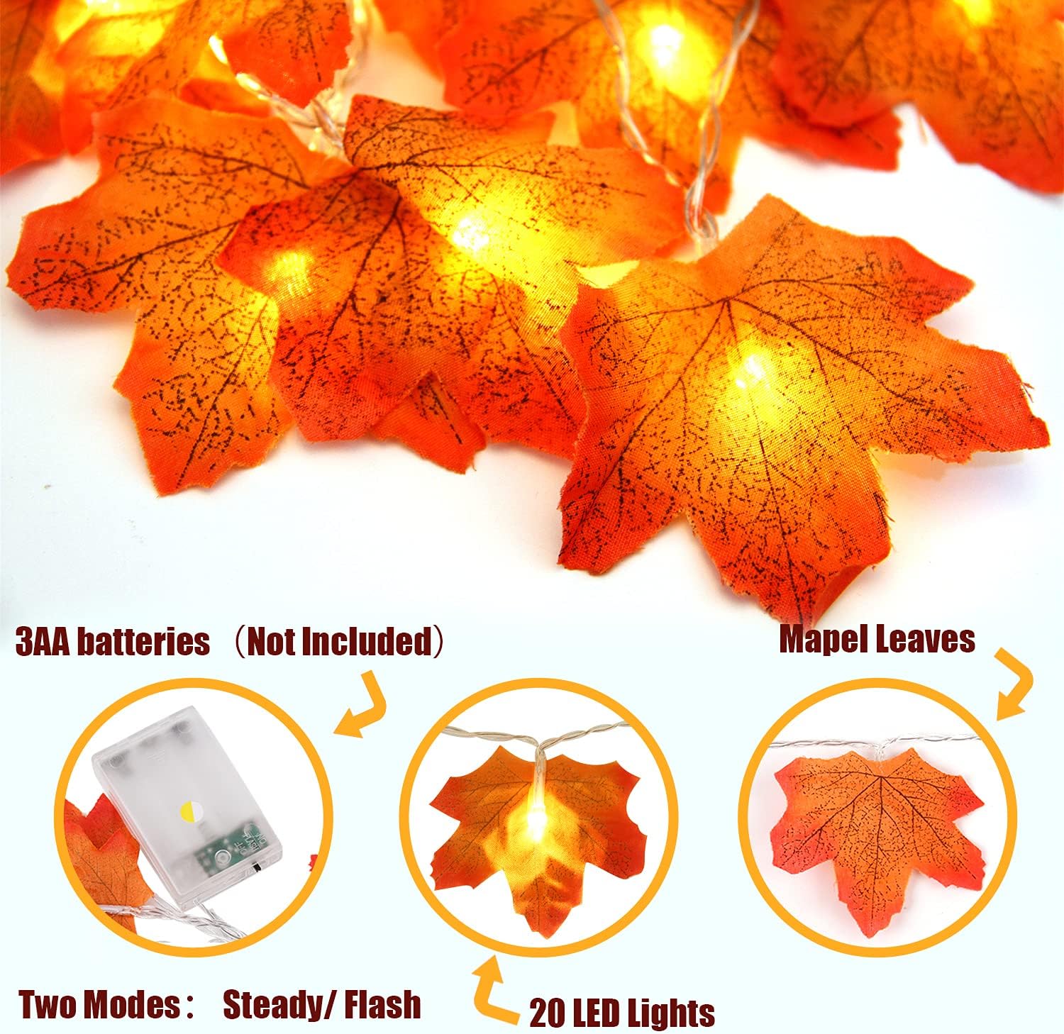 CCINEE 2 Pack Fall Maple Leaves String Lights, 5.9ft Lighted Fall Garland Thanksgiving Light Decorations for Thanksgivings Autumns Home Party Indoor Outdoor Decor.