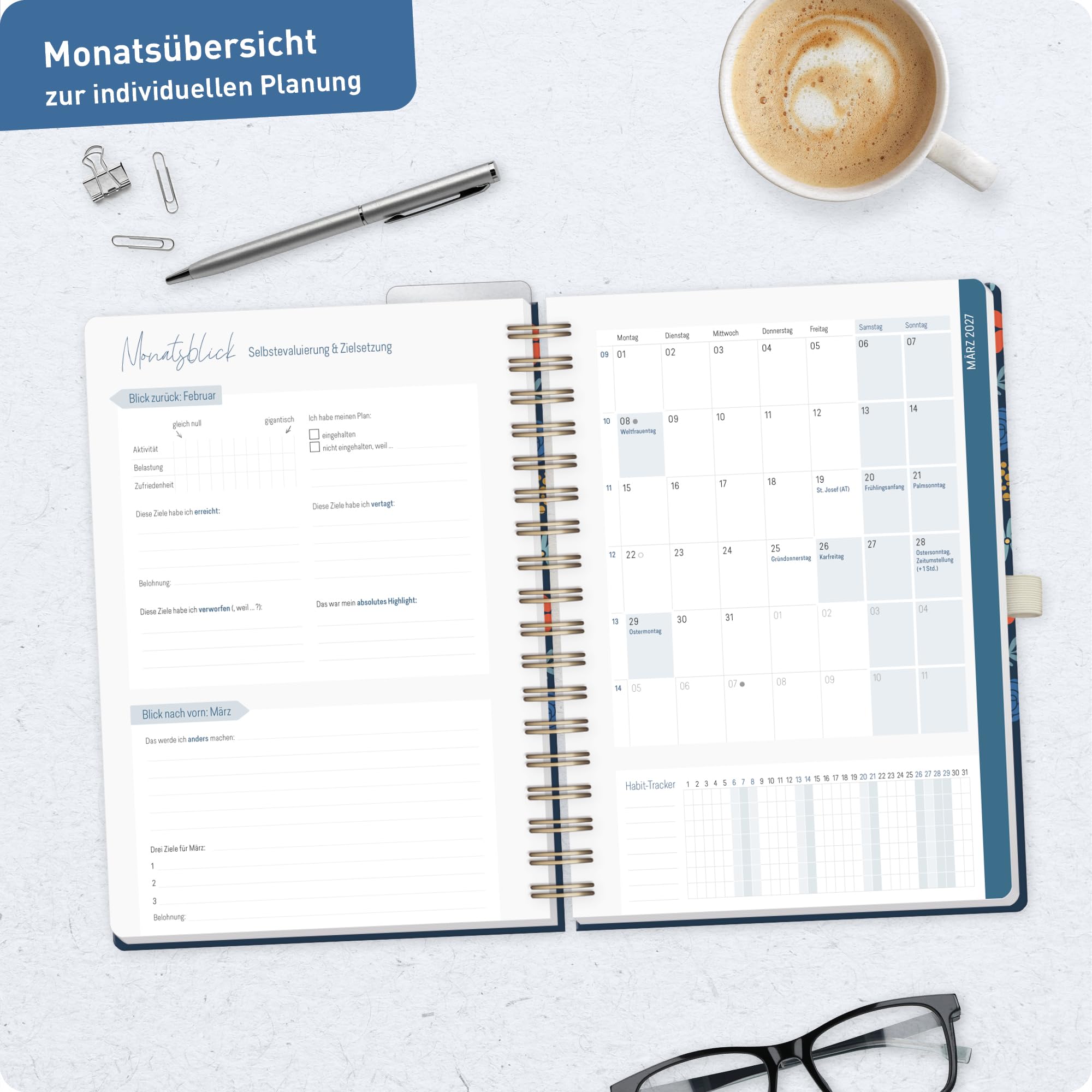 Häfft® Lehrer-Planer 2026/2027 Deluxe A5+ Lehrerkalender mit Hardcover und Spiralbindung, Schulplaner 26/27 für Grundschule, weiterführende Schulen & Referendariat "Flowers & Leaves"