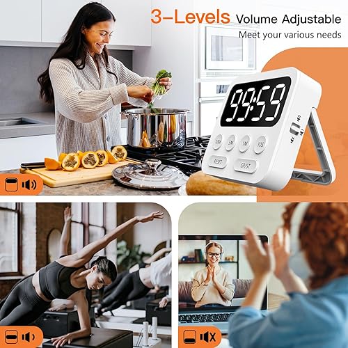 Miniatura 4 de TCHOU Temporizador de cocina, cronómetro digital magnético, temporizador de cuenta regresiva con gran volumen de pantalla LED ajustable para