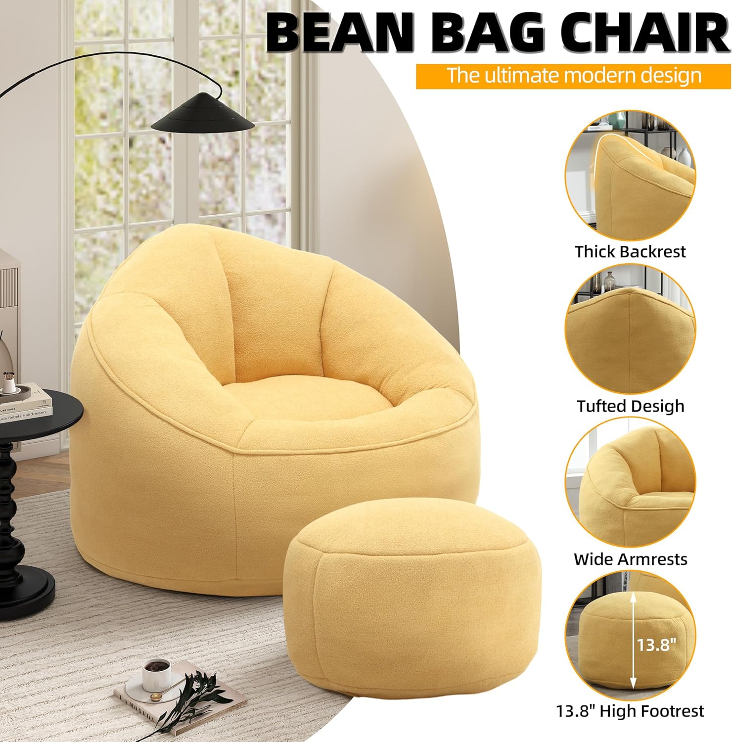 Bean Bag Chairs for Adults, Bean Bag Chair for Kids, 3.4 FT Comfy Beanbag Chair with Ottoman, Bubble Chair Corner Chair, Modern Giant Bean Bag Sofa for Living Room, Yellow