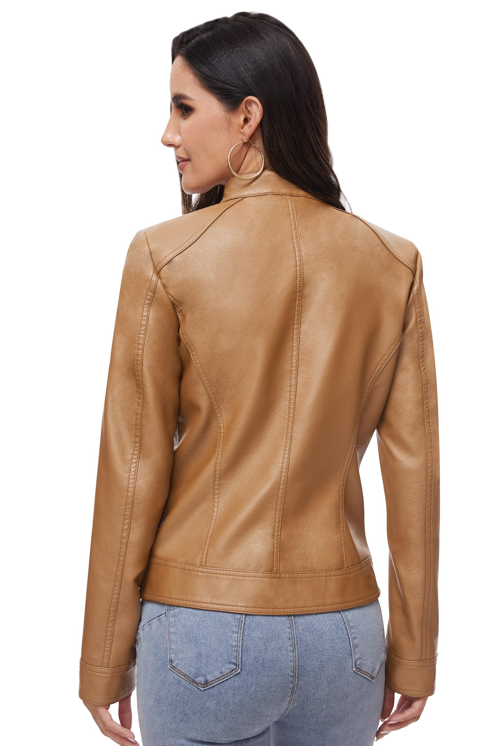 Fahsyee Veste de moto en cuir synthétique avec fermeture éclair pour femme, camel, Large
