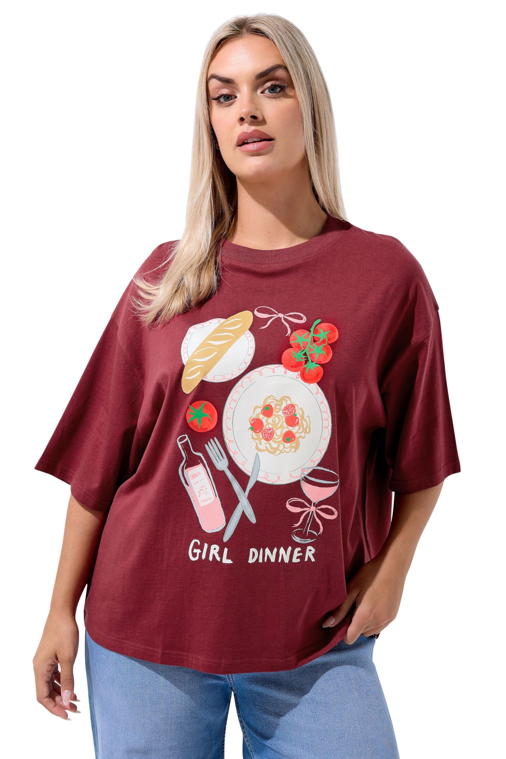 Yours Limited Collection Curve Burgundy 'Girl Dinner' Slogan T-Shirt - Women's - Plus Size Curve