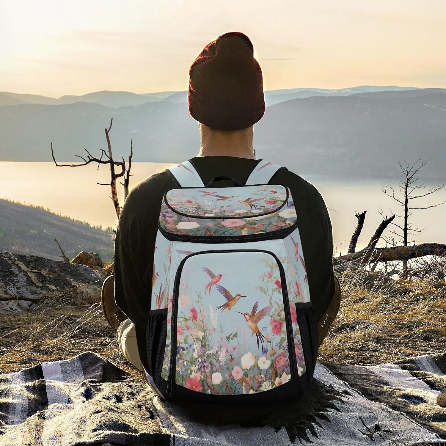 Hummingbirds and Flowers Cooler Backpack 36 Cans Leakproof Waterproof Backpack Cooler Bag Beach Accessories Travel Camping Fishing Backpack for Women Men