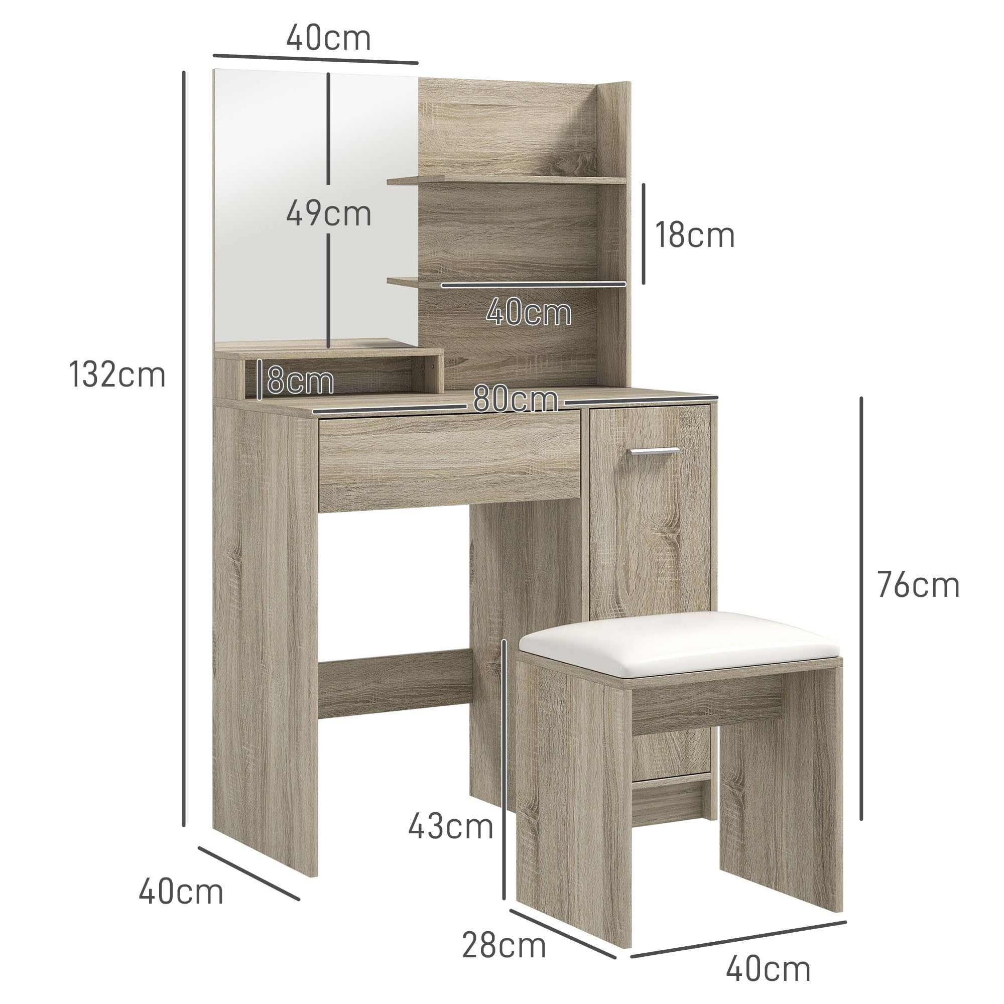 HOMCOM Tocador de Maquillaje con Taburete, Tocador con Espejo, Estantes Abiertos, Cajón y Estante Ajustable, Anti-vuelco, para Dormitorio, Salón y Vestidor, Natural