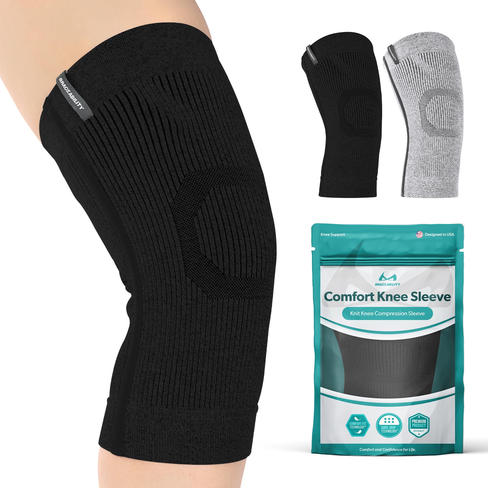 BraceAbility Knee Compression Sleeve - Knit Knee Pain Brace for Men and Women, Arthritis Relief, Meniscus Tear, Running, Workout, Sports, Swelling,