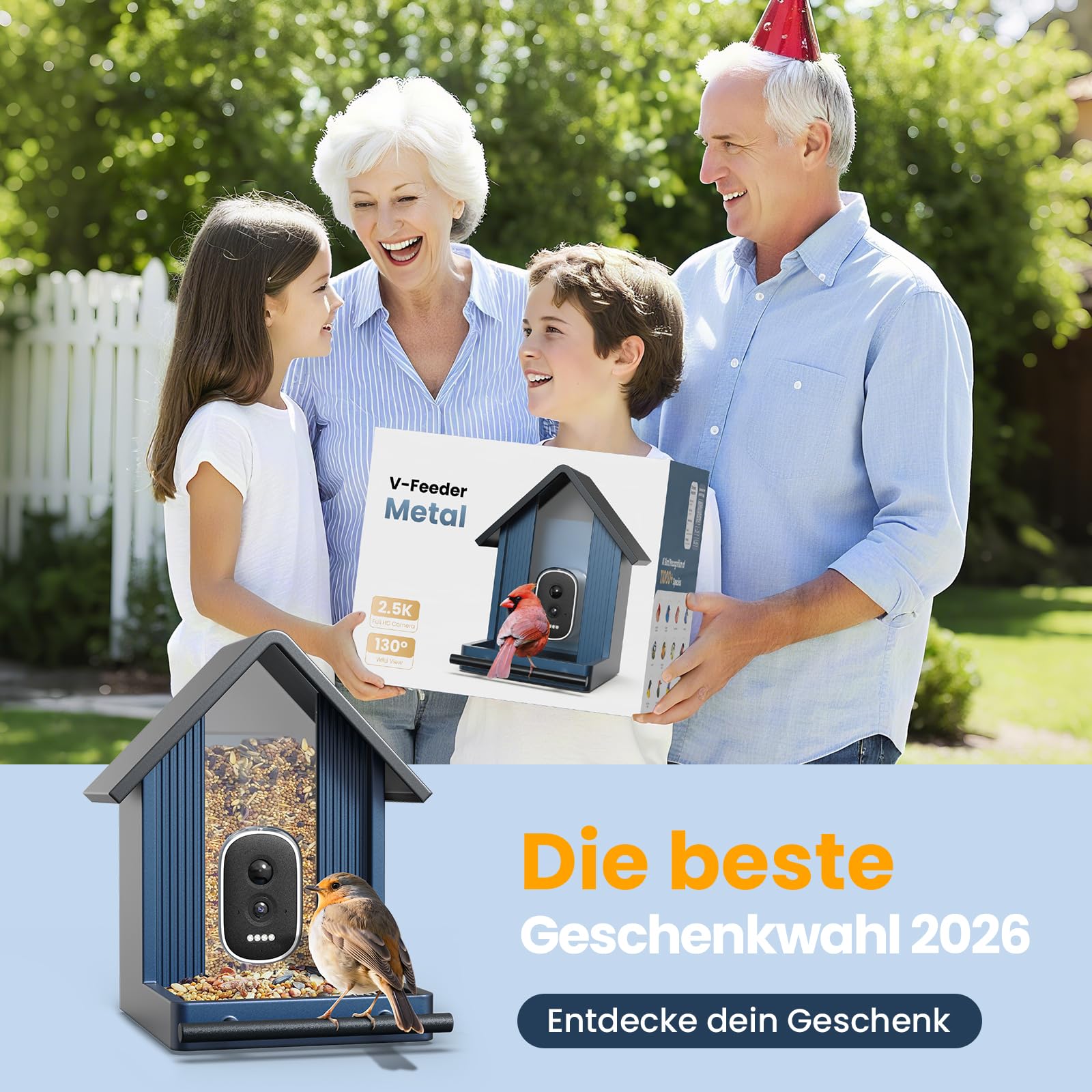 Intelligenter vogelhaus mit Kamera, 2,5K-UHD-Kamera, solarbetrieben, präzise KI-Erkennung, sofortige Benachrichtigungen und Videoaufzeichnung, wasserdicht nach IP66 für den Außenbereich, Metal Blau