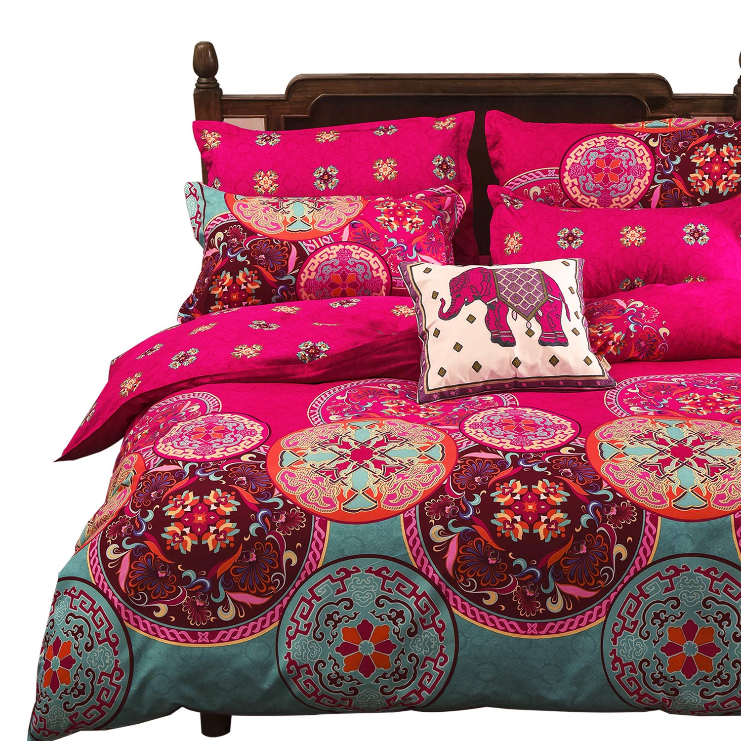 Vaulia Soft Lightweight Microfiber Duvet Cover Set, Bohemia Exotic Patterns Design, Bright Pink - Twin Size