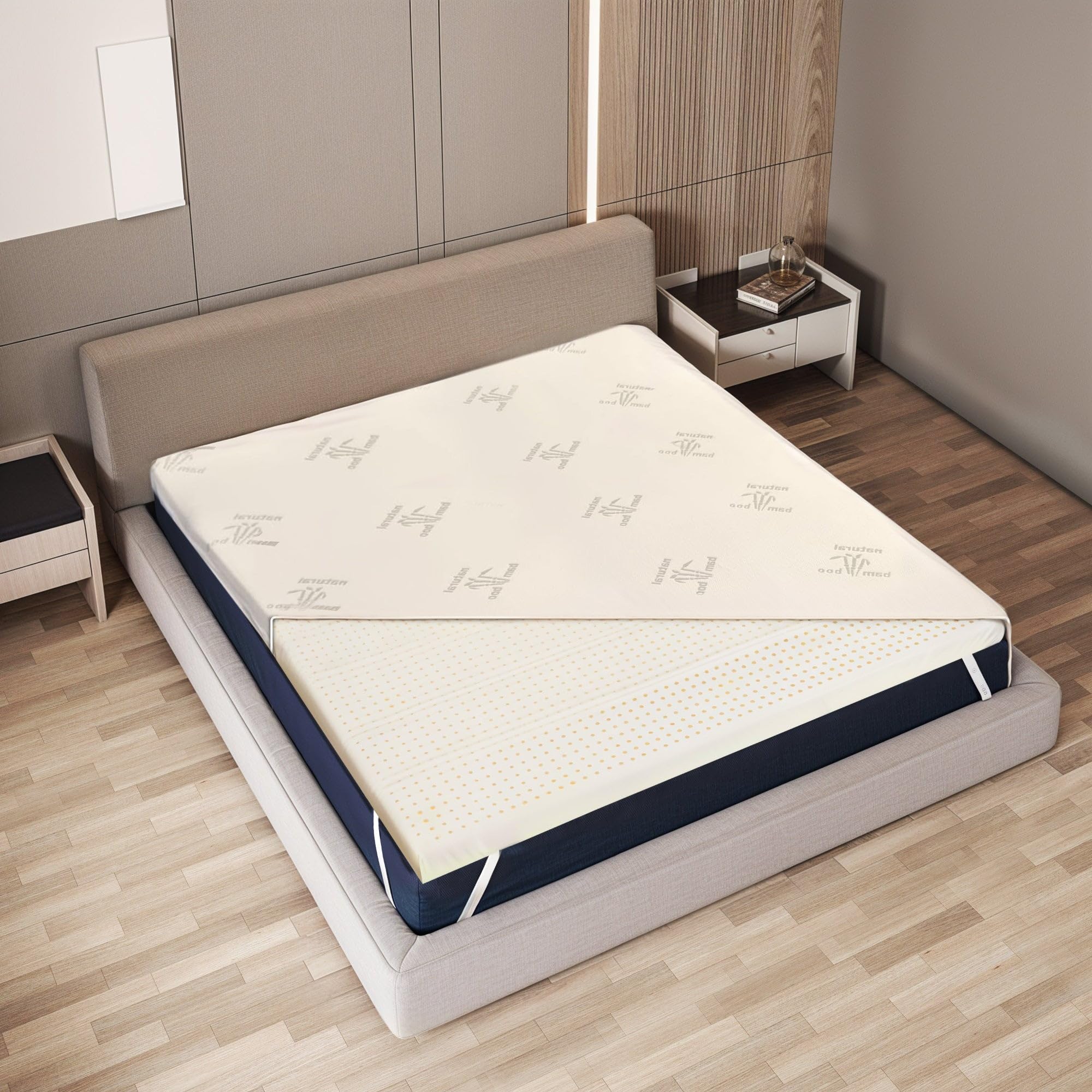 The White Stone Topper Singolo in Lattice Naturale | Tessuto in Bamboo Traspirante e Anallergico Sfoderabile | Altezza 5 cm | Elastici di fissaggio agli Angoli | Correttore per Materasso 80 x 200