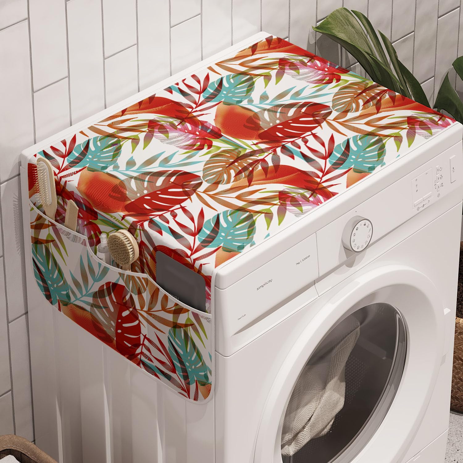 Ambesonne Botanical Washing Machine Organizer Pack of 2, Tropical and Colorful Jungle Monstera Leaves Along Paradise Flowers Pattern, Anti-Slip Cover