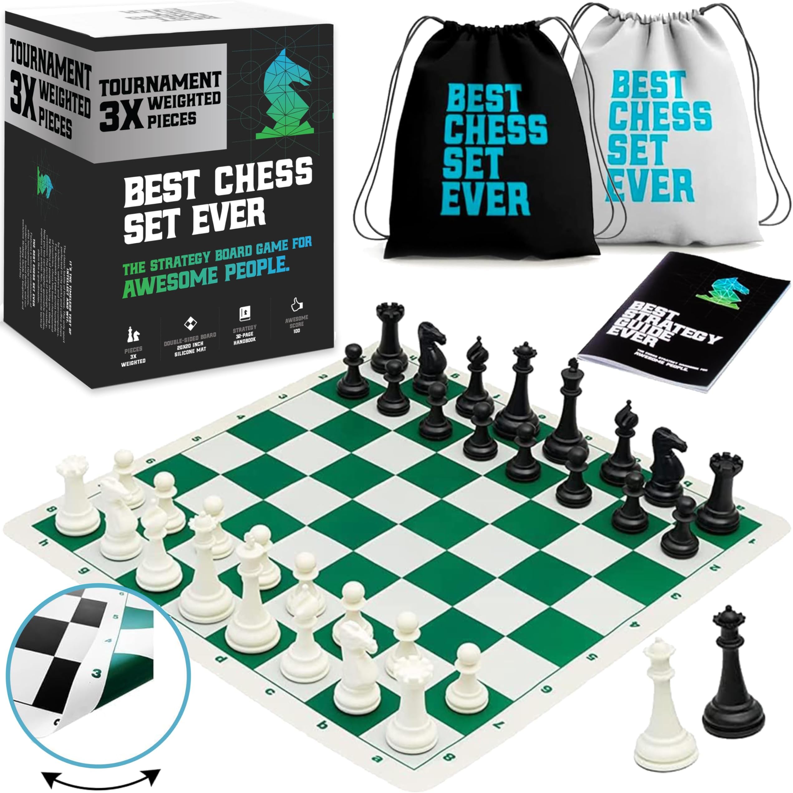 Best Chess Set Ever Tournament Chess Set/Triple Weighted Staunton Pieces / 10.3cm King / 50x50cm Double-Sided Silicone Board/Foldable & Portable with Storage / 2 Extra Queens/For Adults & Kids
