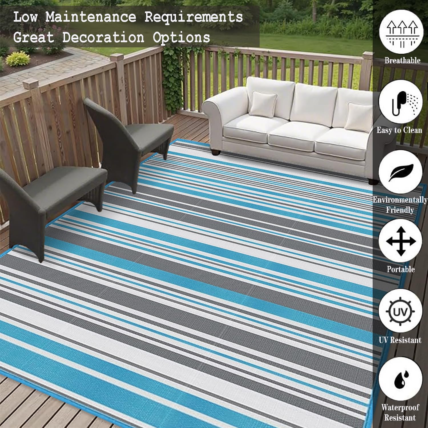 Balkonteppich Wasserfest Outdoor Flach Gewebt Gestreift Kunststoffteppich,Recycelter Premium UV-Beständig Camping Teppich Outdoor Reversible Matte für Garten Picknick Terrassenteppich,150x240cm