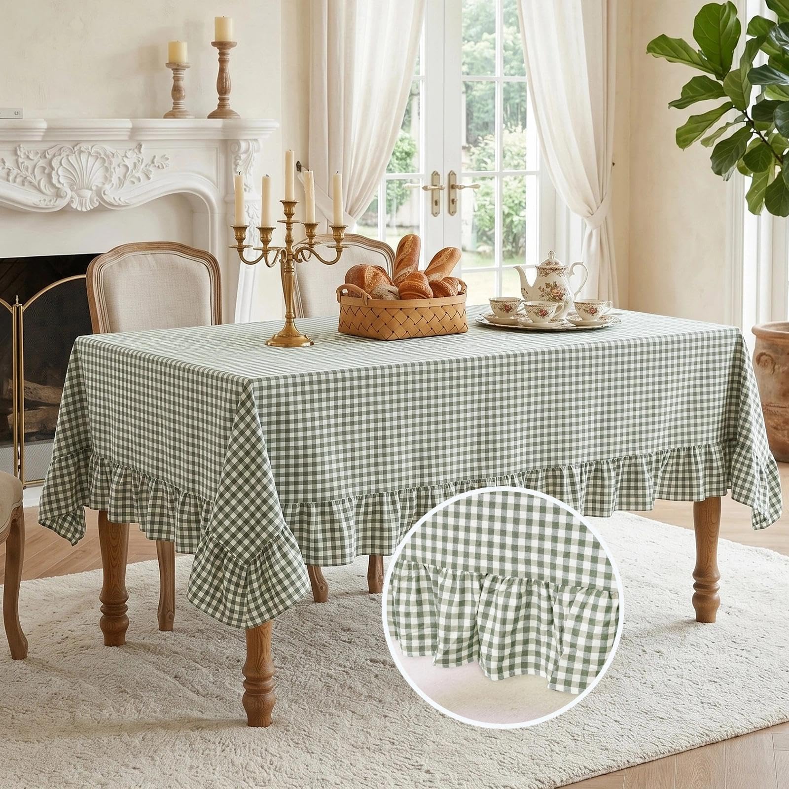 Mantel con volantes, color verde salvia, 52 x 70 pulgadas